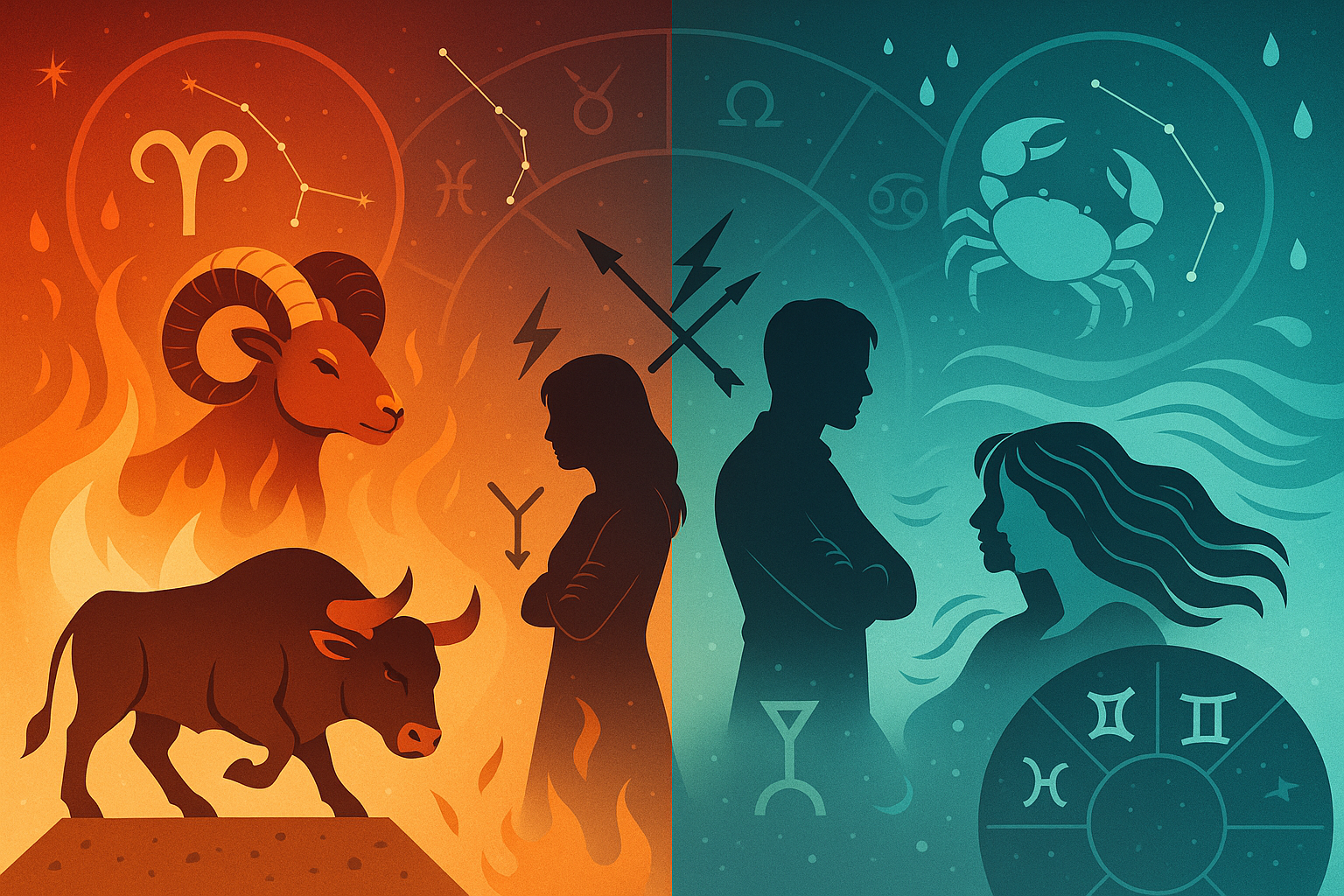 Editorial landscape image (1536x1024) showing split composition of incompatible zodiac symbols: fiery Aries ram versus watery Cancer crab, e