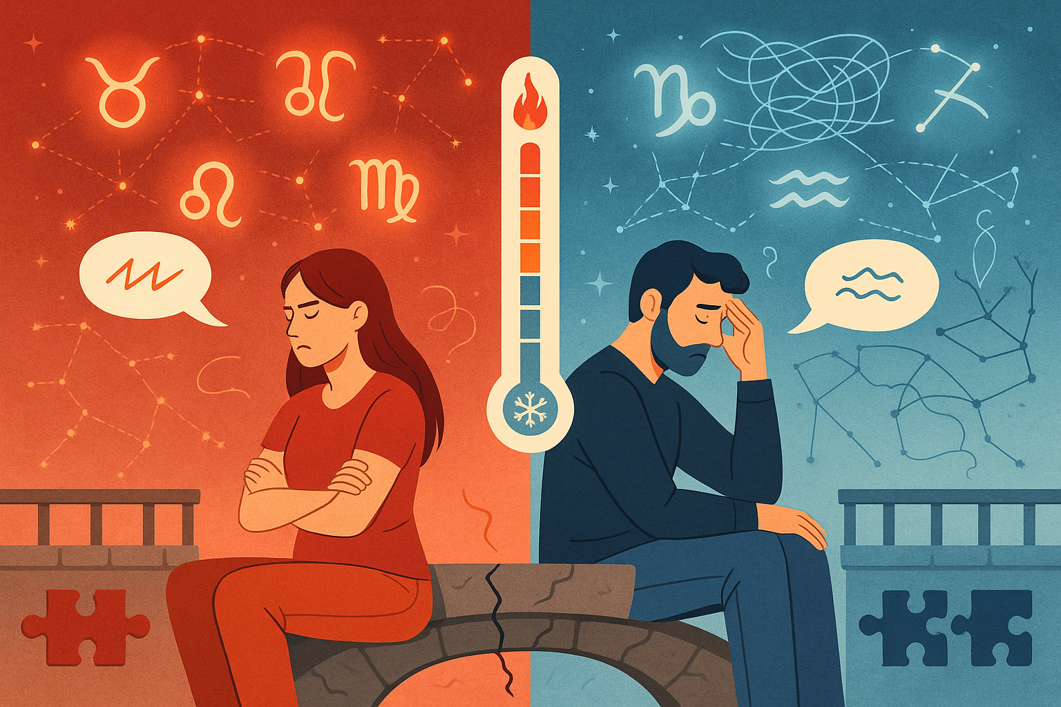 Detailed landscape image (1536x1024) depicting communication breakdown between astrological opposites: two people back-to-back with zodiac s