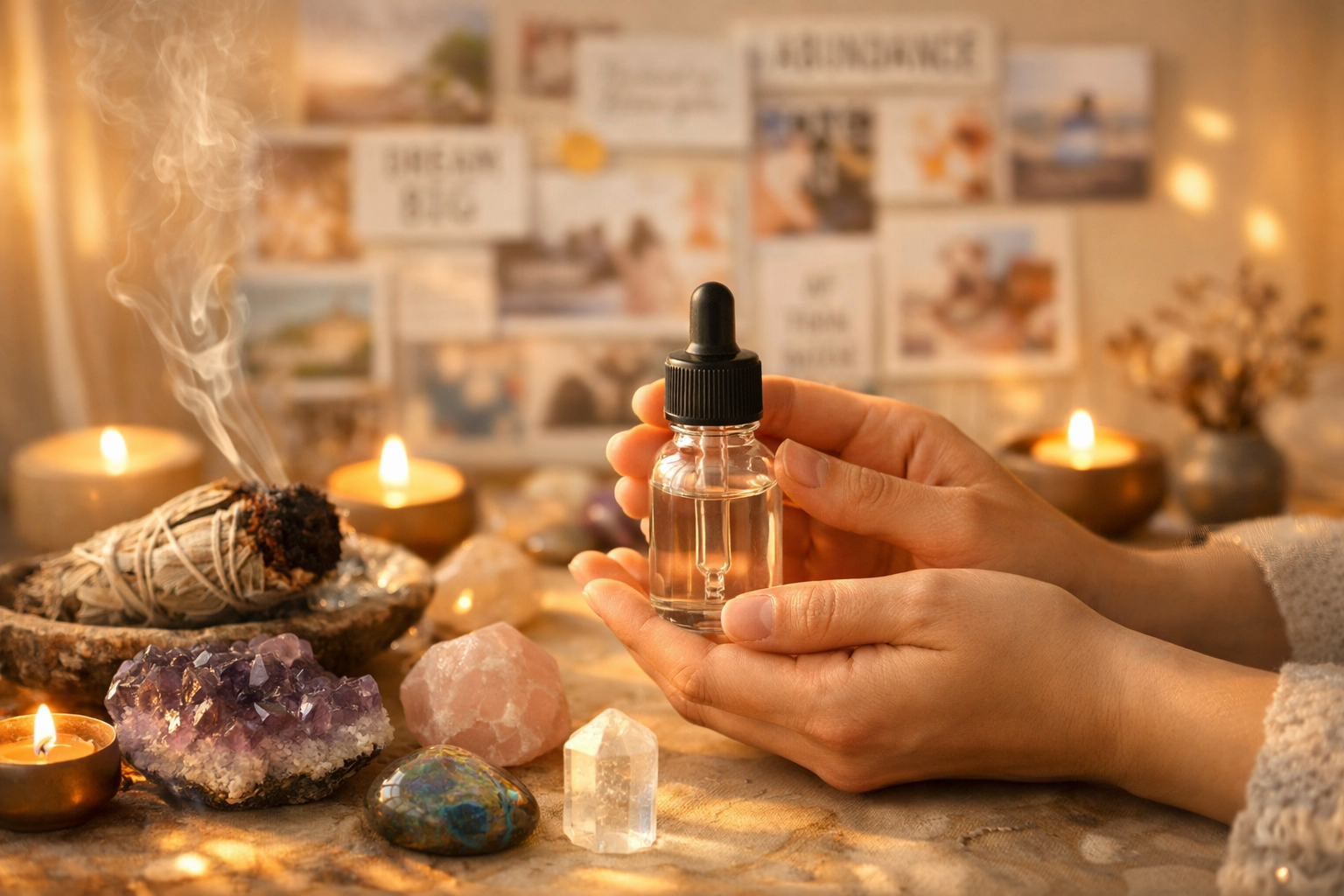 () image showing hands gently holding a clear glass essential oil bottle with dropper, surrounded by meditation crystals,