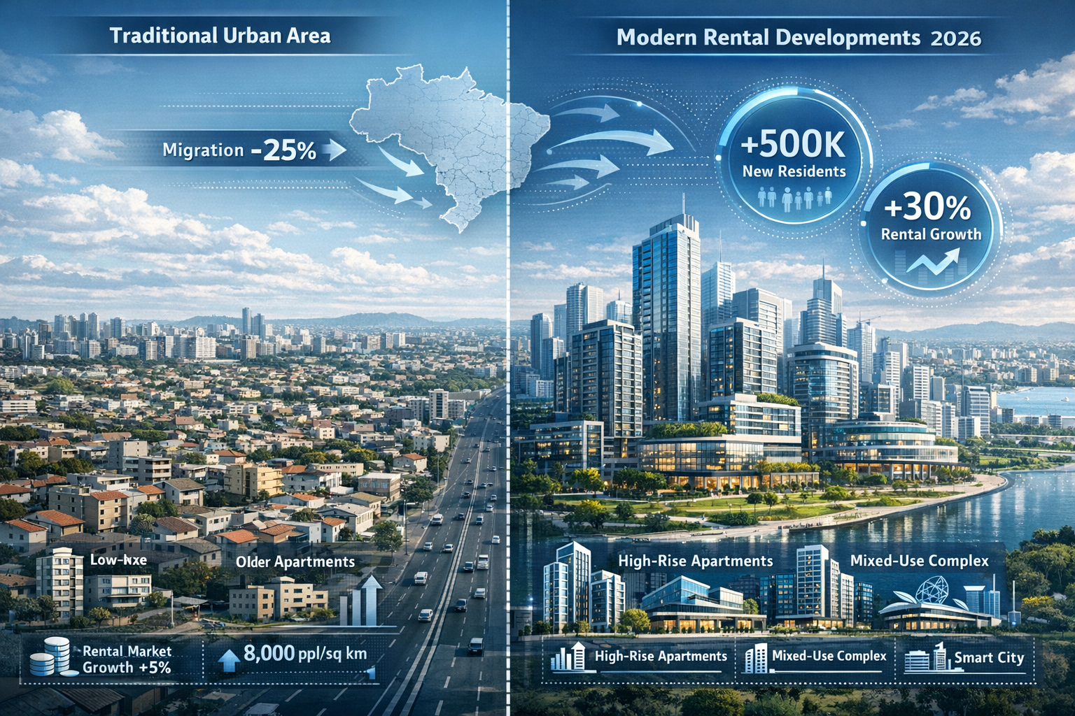 Panoramic urban landscape of Brazil showcasing dramatic urban transformation in 2026, with split-screen visualization comparing traditional 