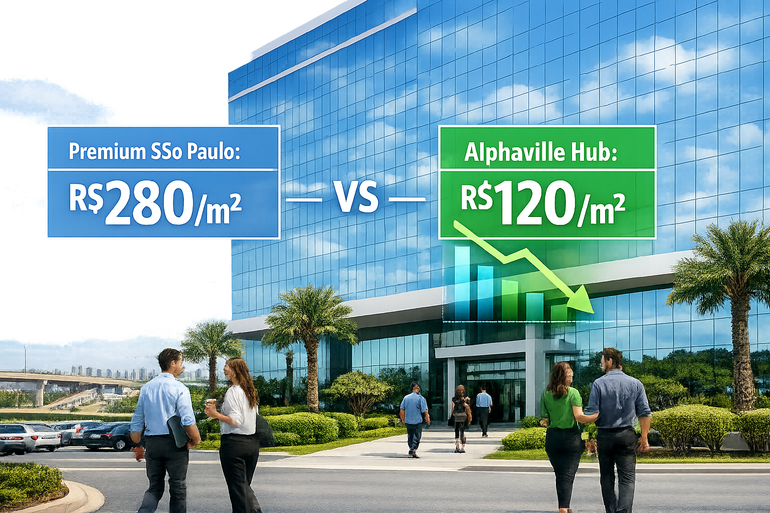 () editorial image showing modern Class A office building in Alphaville with large glass facade reflecting sky, surrounded