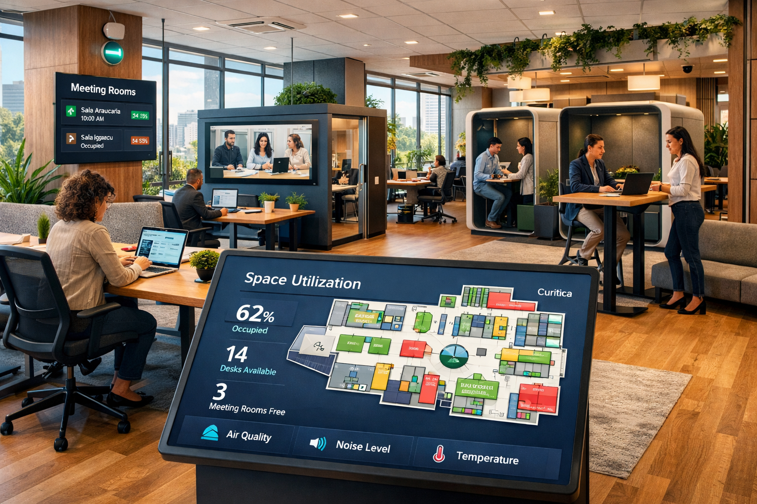 () detailed interior photograph of contemporary hybrid workspace in Curitiba office hub showing flexible desk arrangements