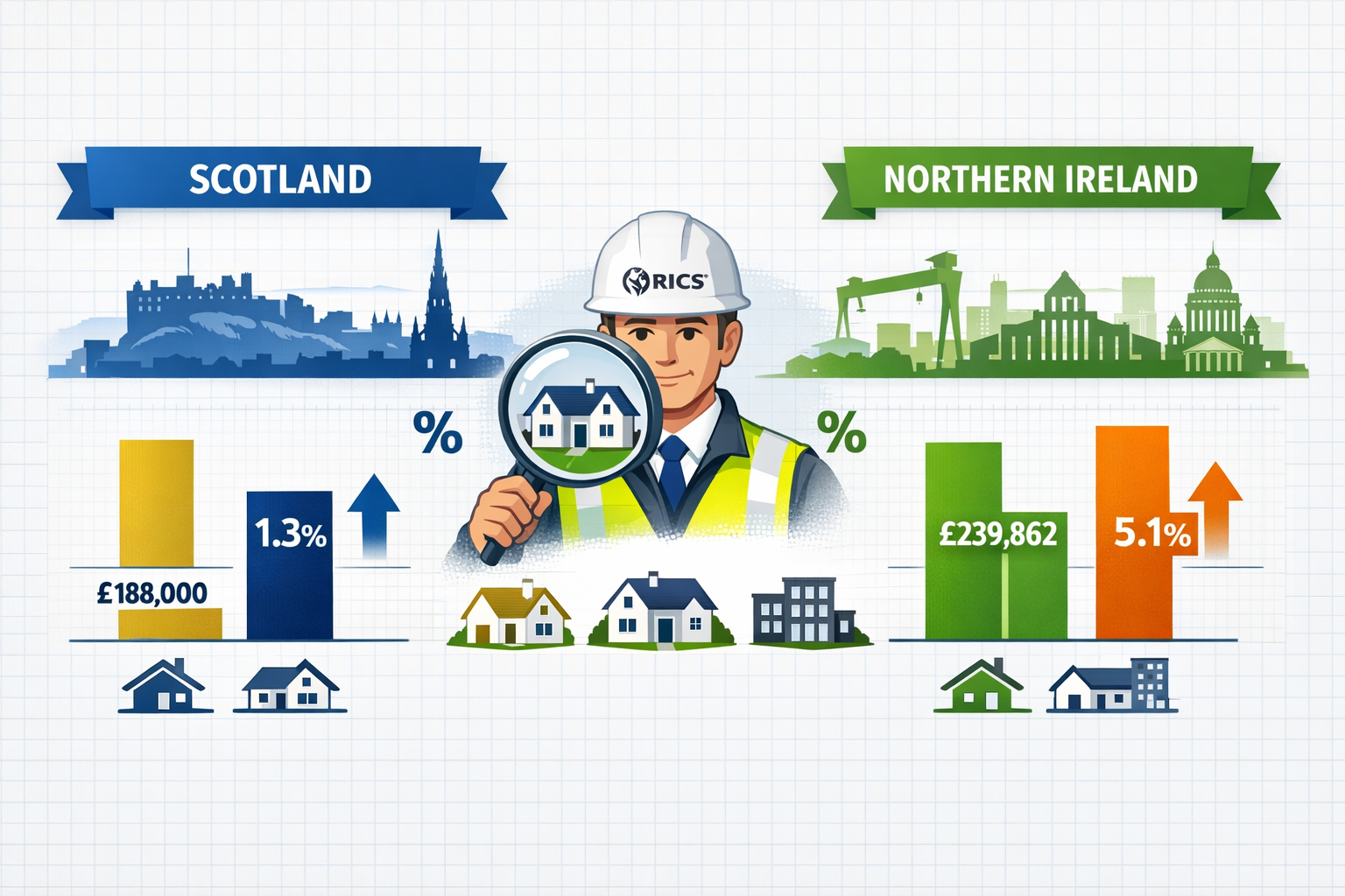 () detailed infographic showing dual regional comparison charts for Scotland and Northern Ireland property markets. Left