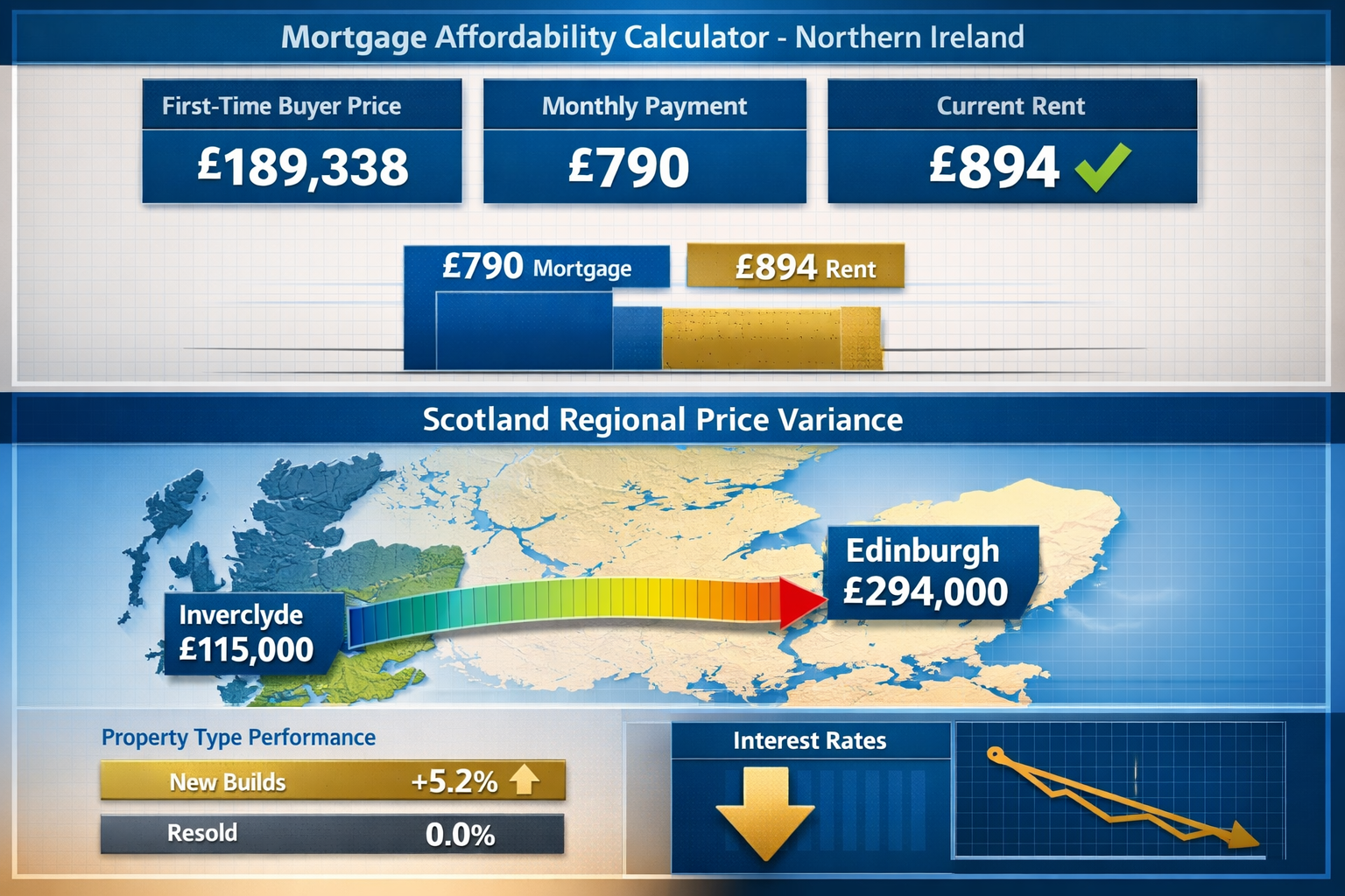 () modern split-panel comparison showing investment opportunity analysis. Top panel displays mortgage affordability