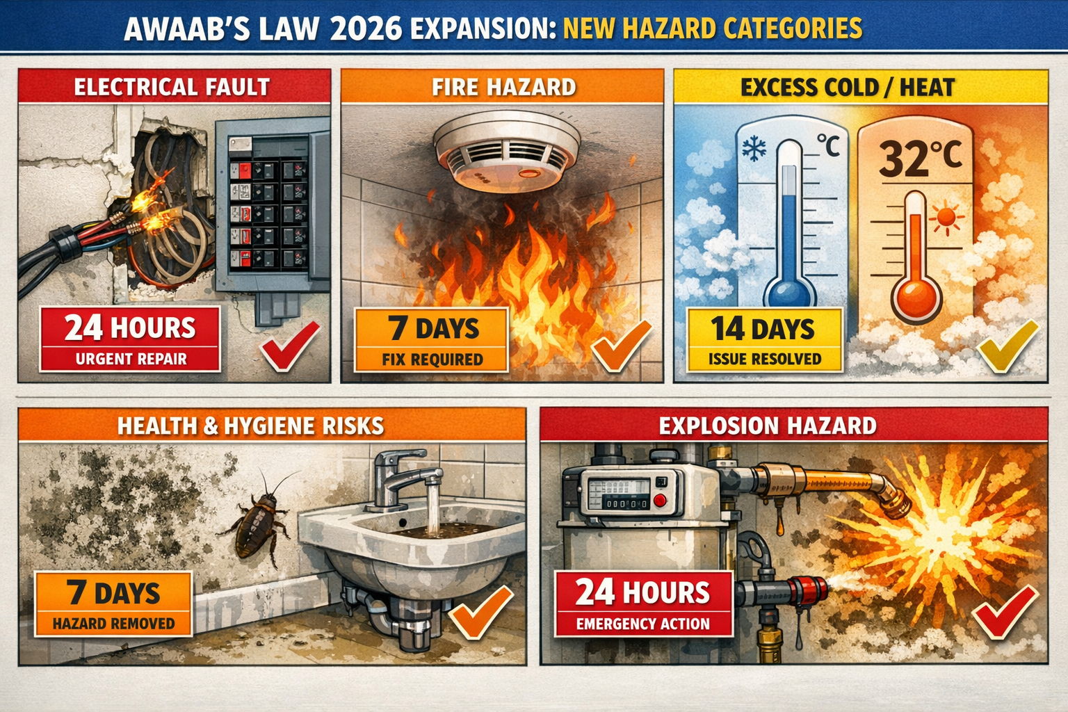 Detailed () technical illustration showing the five new hazard categories under Awaab's Law 2026 expansion. Split-panel