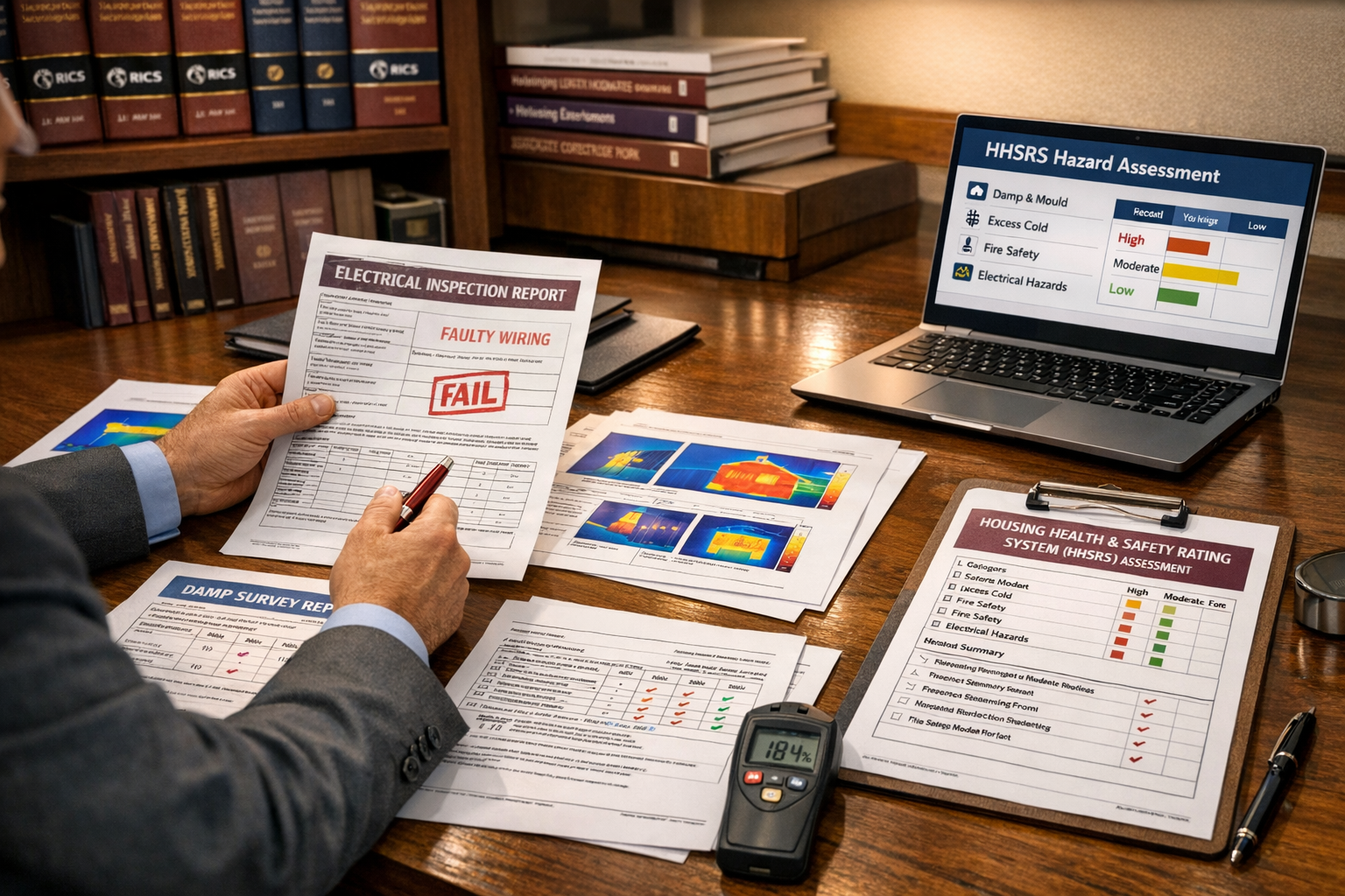 () professional scene inside modern legal office showing expert witness preparing detailed report for housing dispute case.