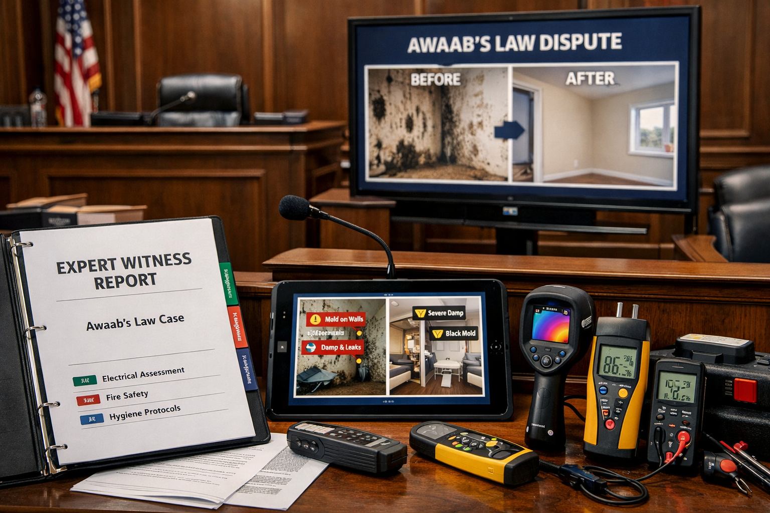Detailed () courtroom preparation scene showing expert witness testimony materials for Awaab's Law dispute. Foreground