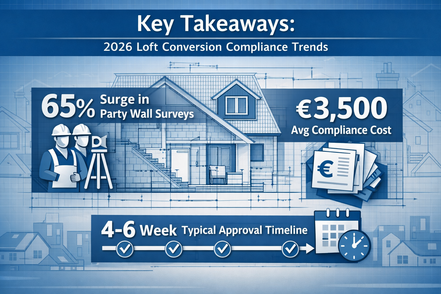 Landscape-oriented editorial infographic for 'Key Takeaways' section visualizing 2026 loft conversion compliance trends.
