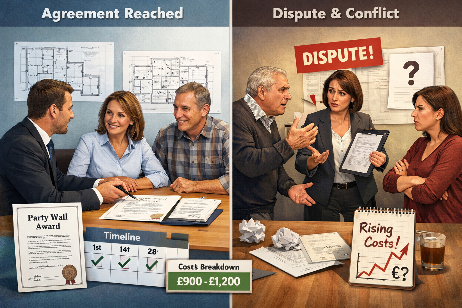 () split-screen comparison image showing left side with organized party wall agreement process - surveyor meeting with