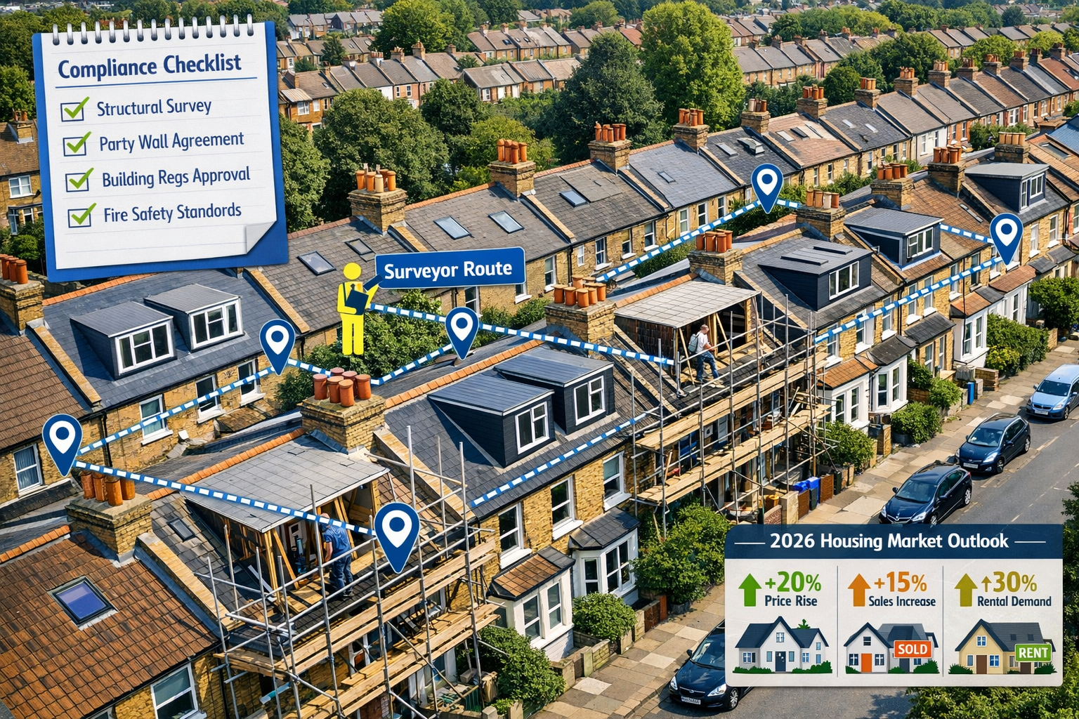 () aerial view of UK residential street showing multiple terraced houses with various stages of loft conversions - some with