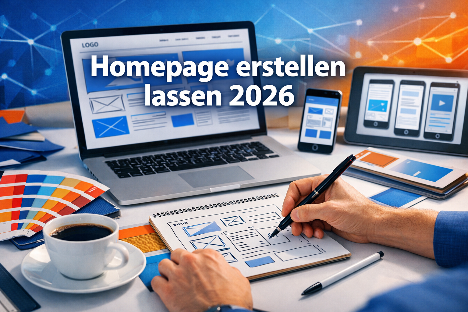 Professional landscape format (1536x1024) hero image featuring bold text overlay 'Homepage erstellen lassen 2026' in extra large 72pt white - Homepage erstellen lassen 1 Professional landscape format (1536x1024) hero image featuring bold text overlay 'Homepage erstellen lassen 2026' in extra large 72pt white