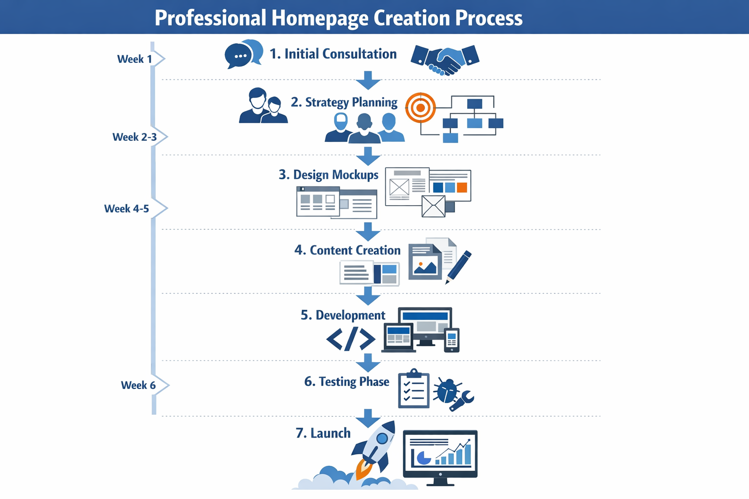 Landscape format (1536x1024) step-by-step visual process flowchart for professional homepage creation. Top to bottom flow with numbered circ - Homepage erstellen lassen 4 Landscape format (1536x1024) step-by-step visual process flowchart for professional homepage creation. Top to bottom flow with numbered circ