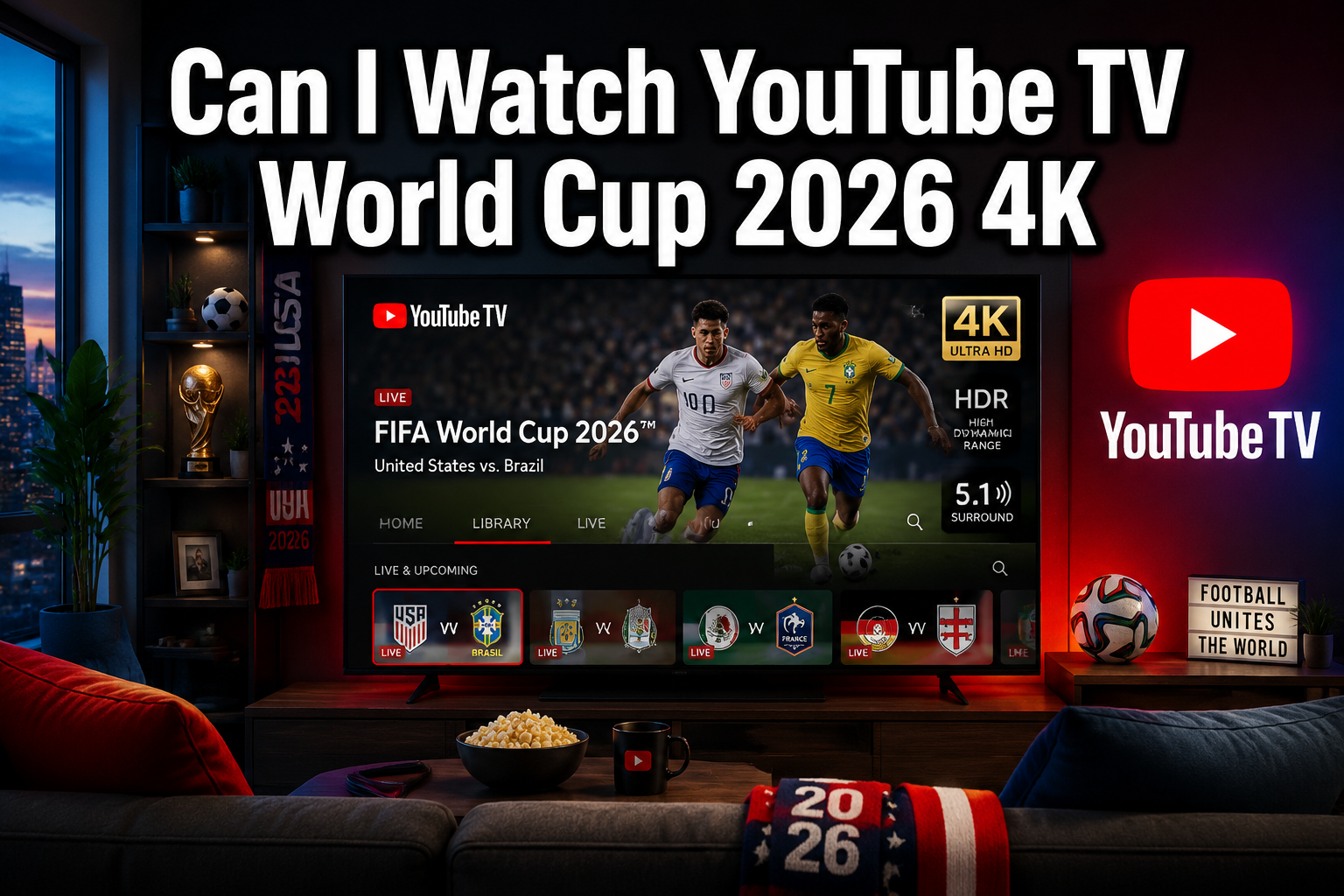 Professional () hero image featuring 'Can I Watch YouTube TV World Cup 2026 4K' in extra large white with dark , centered in