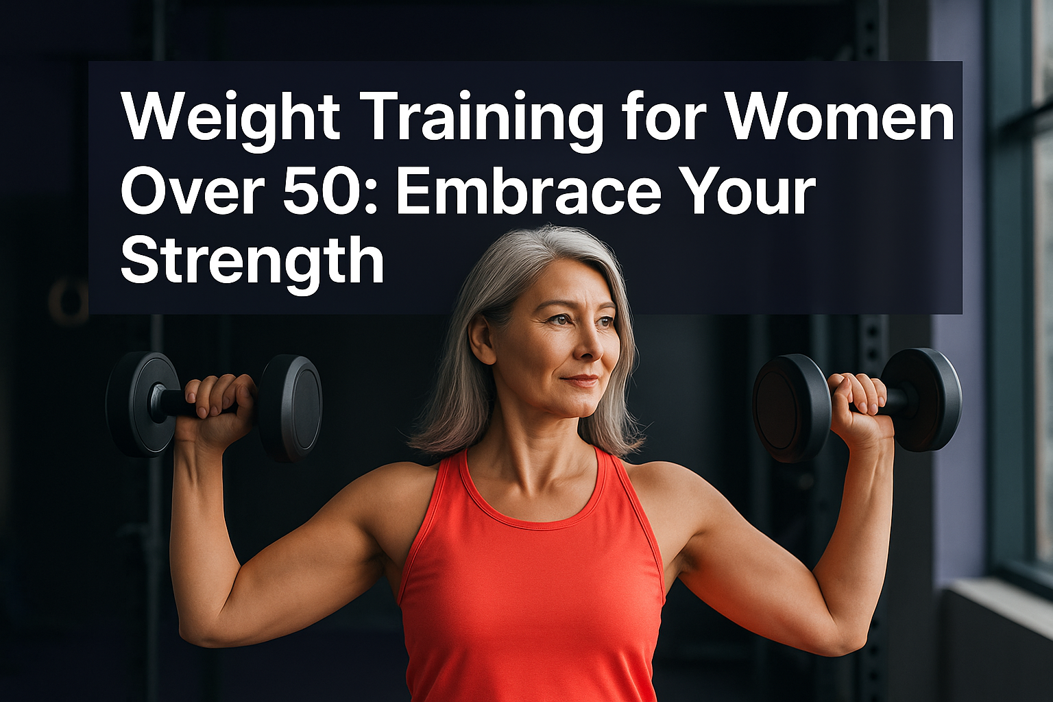 Professional landscape hero image (1536x1024) featuring bold text overlay 'Weight Training for Women Over 50: Embrace Your Strength' in extr