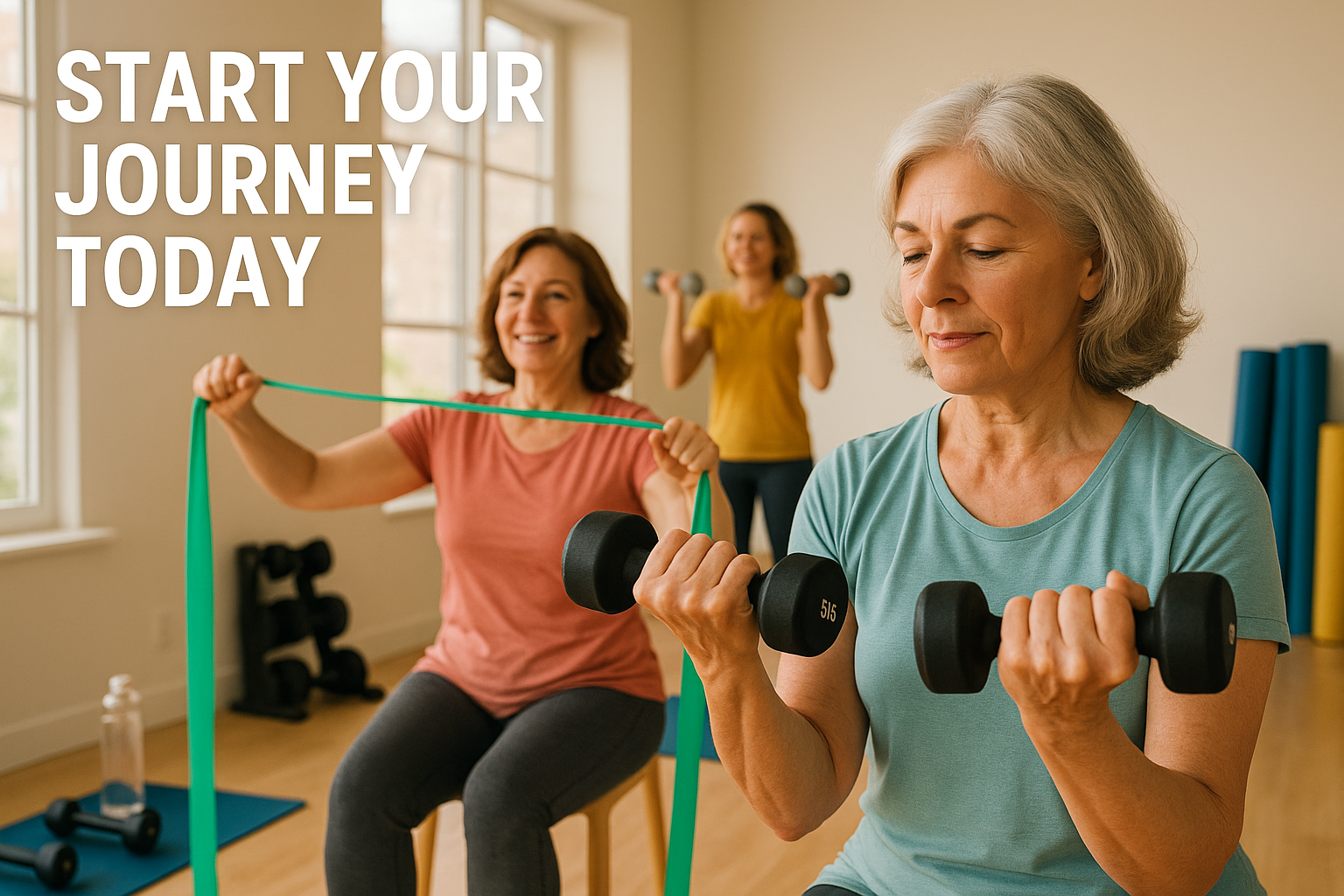 Landscape photograph (1536x1024) showing diverse group of three women aged 50-65 in bright, welcoming gym environment engaged in weight trai