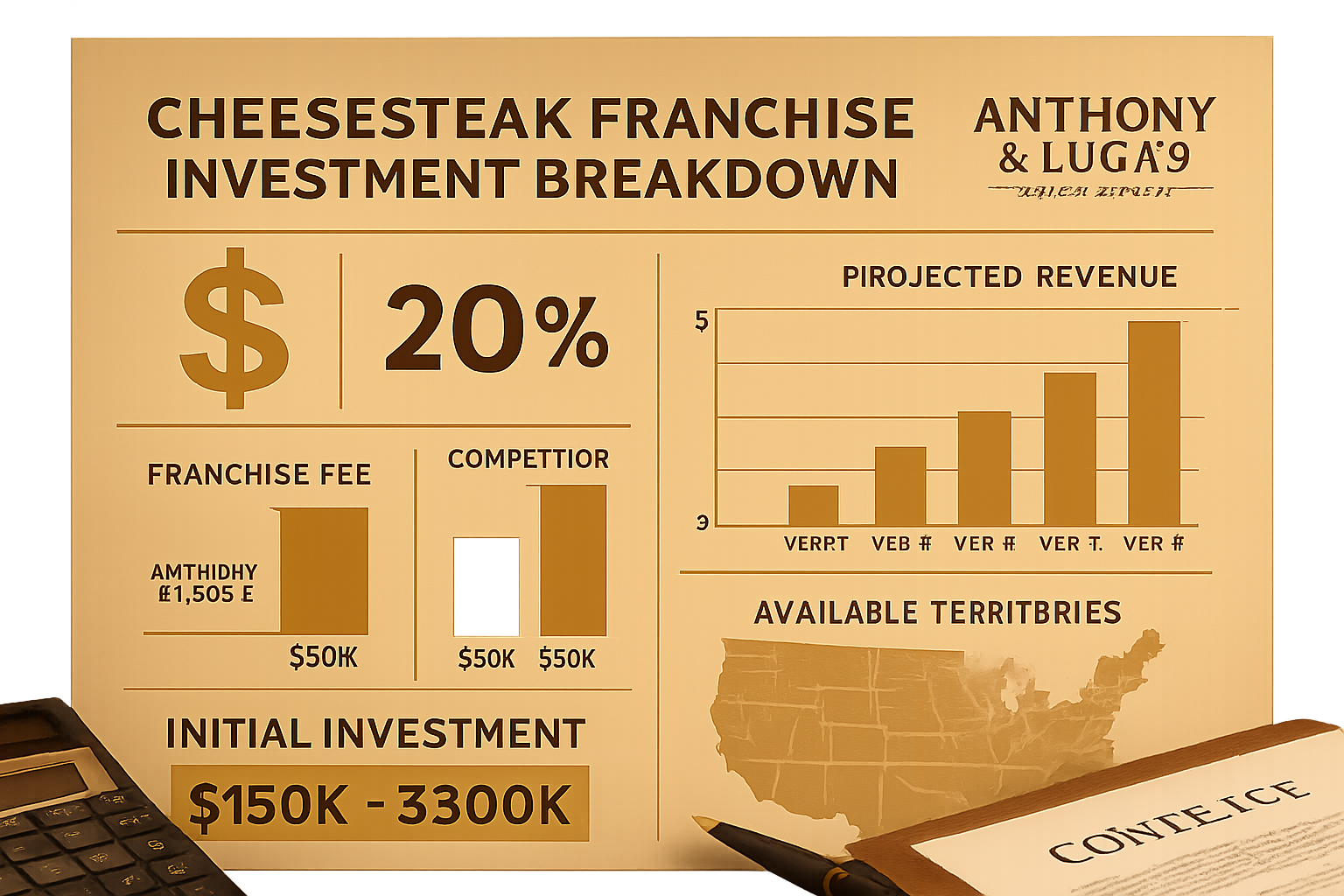 Detailed infographic showing cheesesteak franchise investment breakdown with dollar signs, ROI percentages, franchise fee comparisons, initi
