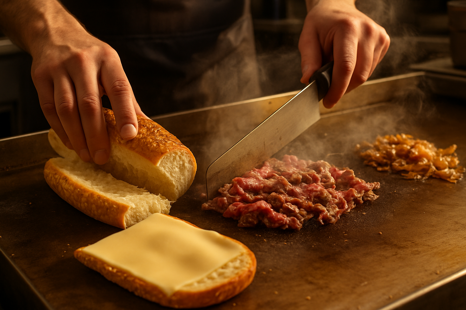 High-quality photograph of authentic Philadelphia cheesesteak preparation process showing premium ribeye beef being sliced on commercial gri