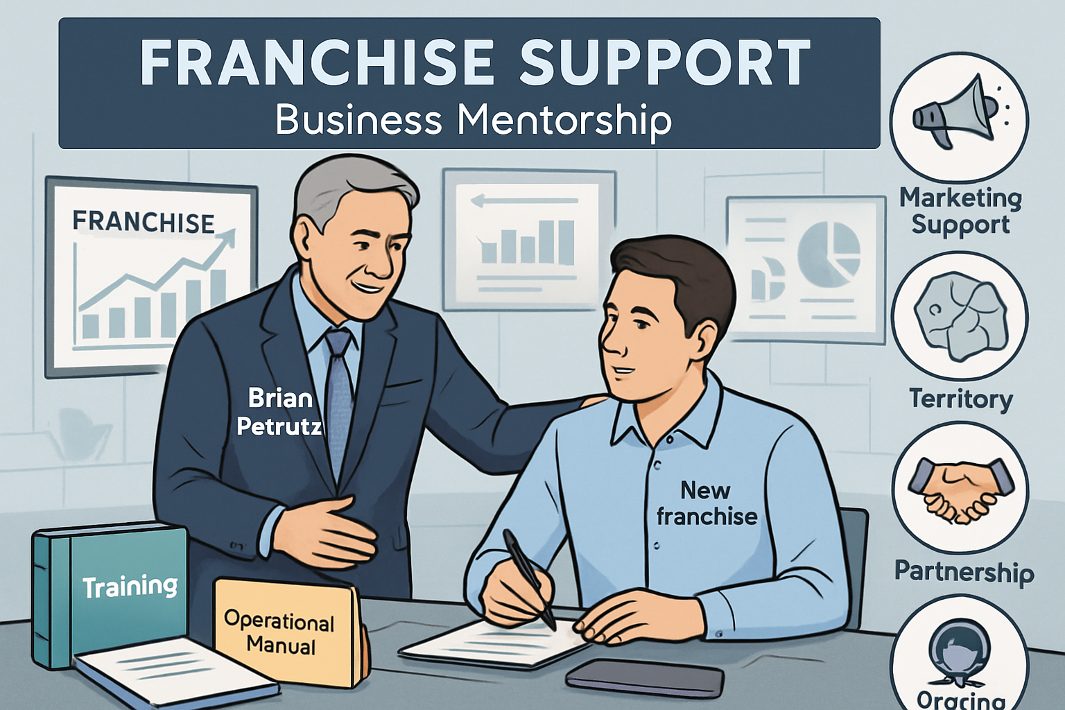 Professional franchise support visualization showing business mentorship concept with experienced franchisor Brian Petruzzi guiding new fran
