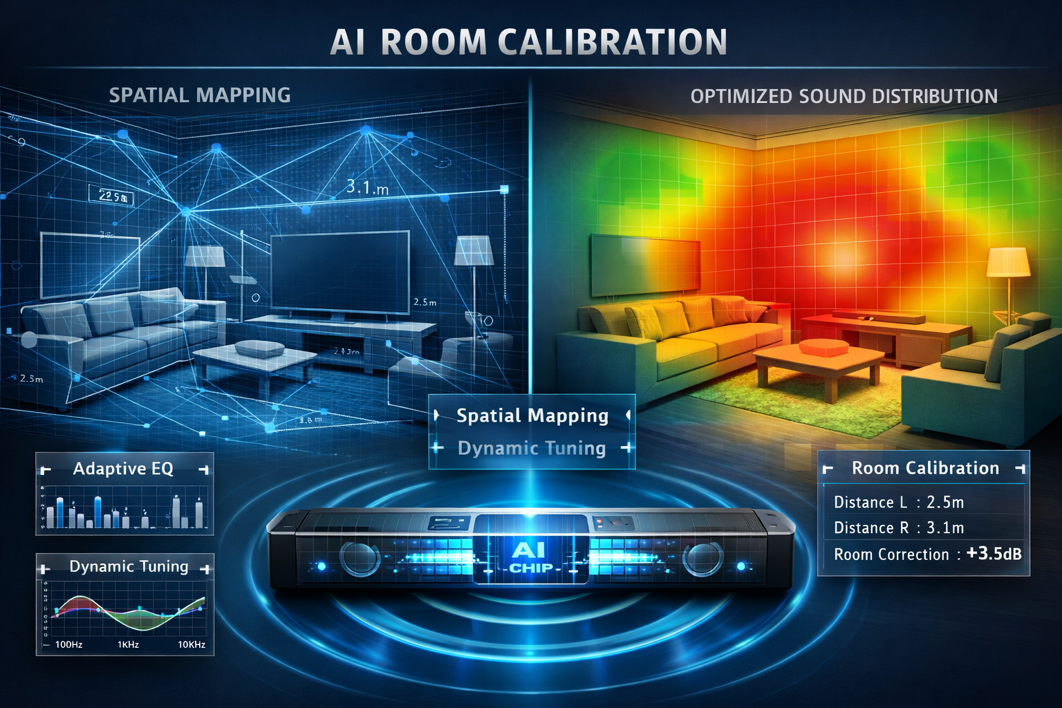 AI Powered Soundbars Landscape format (1536x1024) detailed technical illustration showing AI room calibration process in action. Split-screen composition: left s
