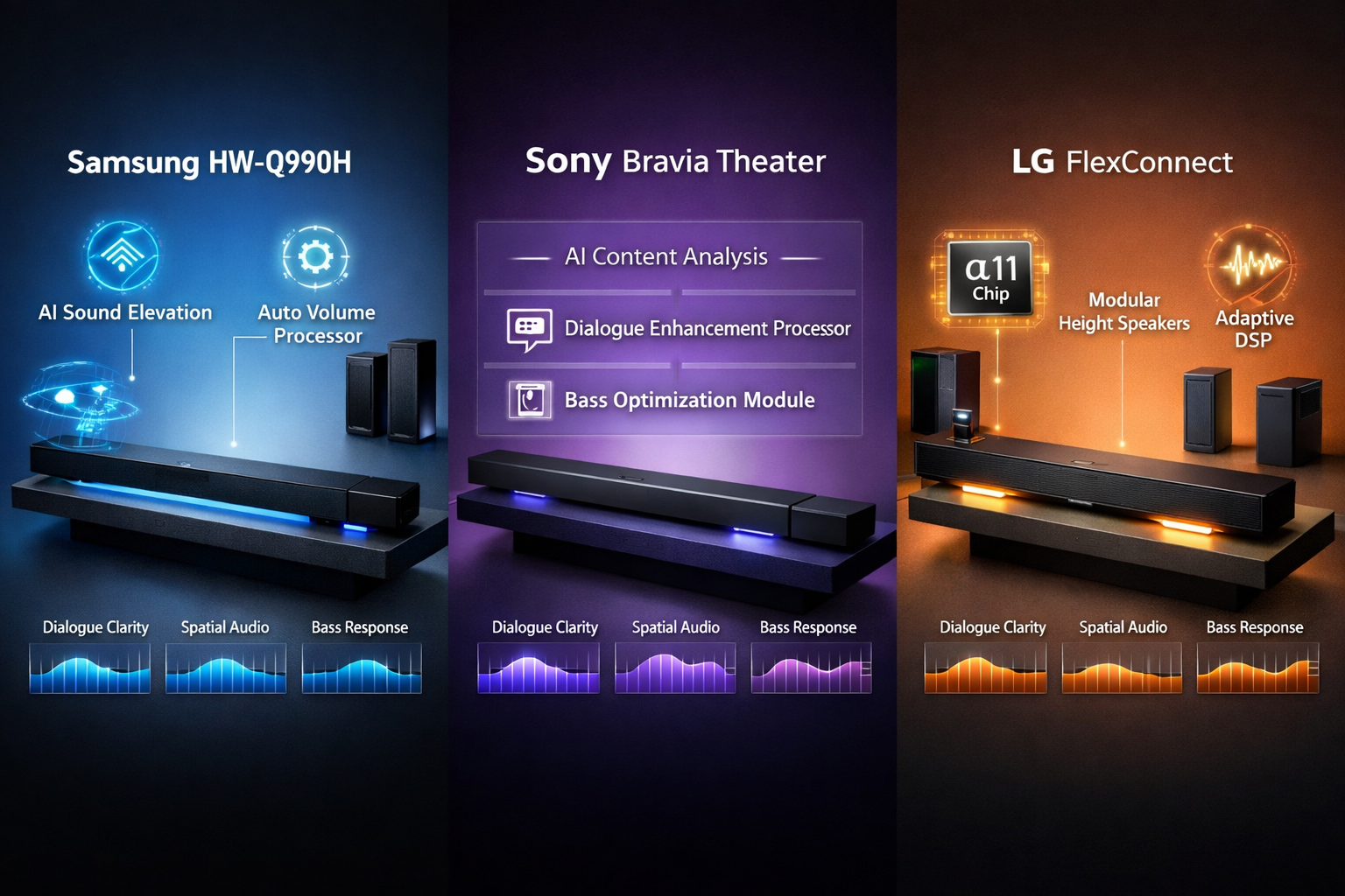 AI Powered Soundbars Landscape format (1536x1024) comparison showcase featuring three premium AI soundbar systems side by side on floating pedestals against grad