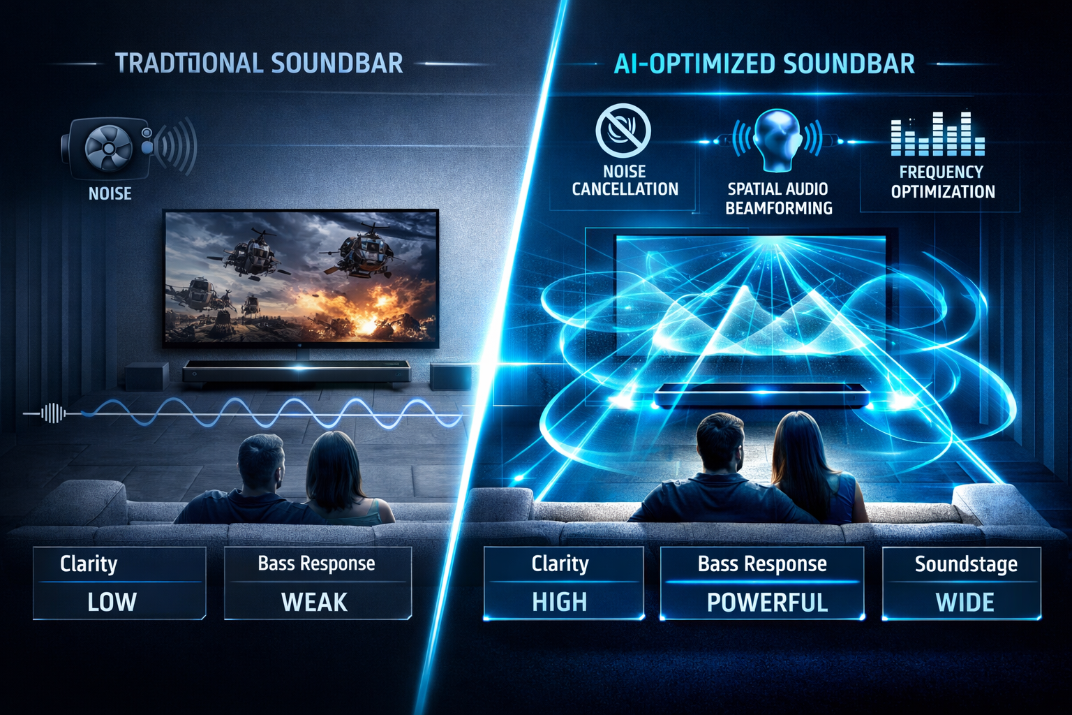 AI Powered Soundbars A dynamic split-screen infographic illustrating AI-powered soundbar audio performance enhancement in real-world scenarios. Left side shows t