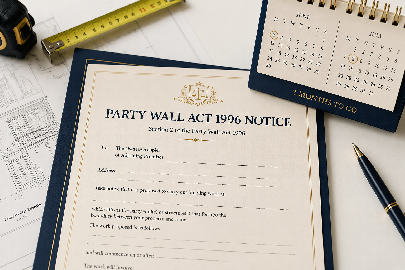 Flat-lay editorial photograph () of a formal party wall notice document on a clean white desk, surrounded by a measuring