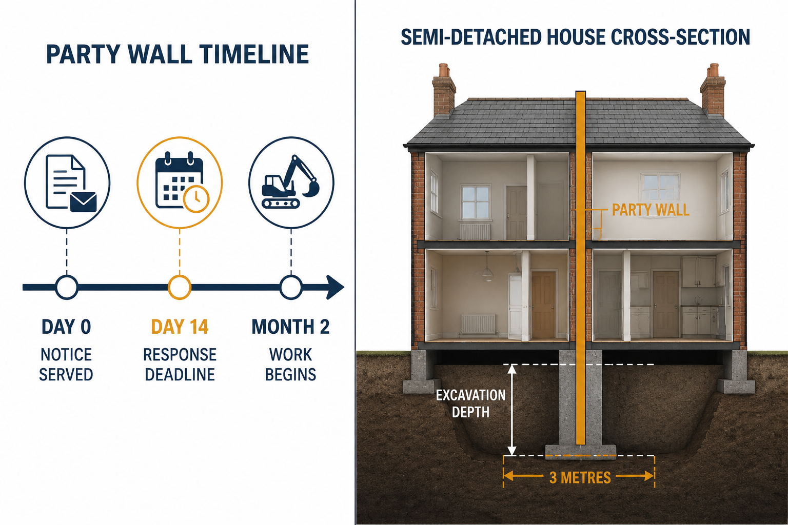 Split-screen infographic illustration () showing a party wall timeline on the left side: a horizontal timeline bar marked