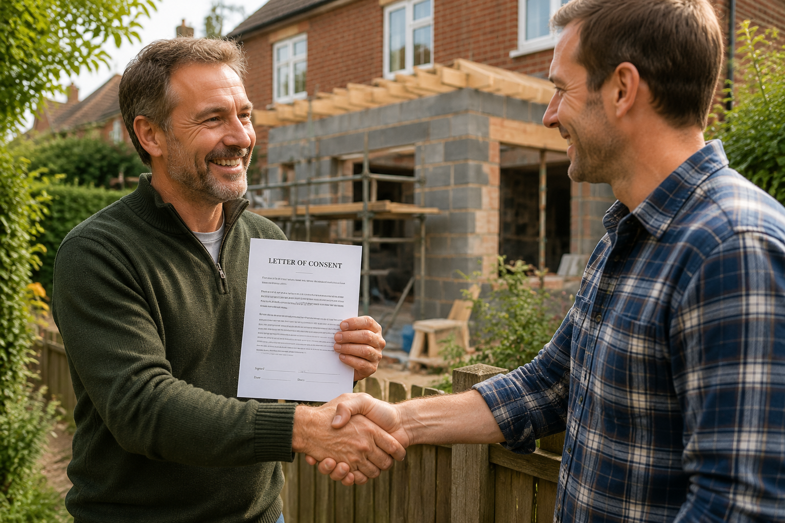 Warm lifestyle photograph () showing two friendly neighbours — one holding a formal written consent letter, the other