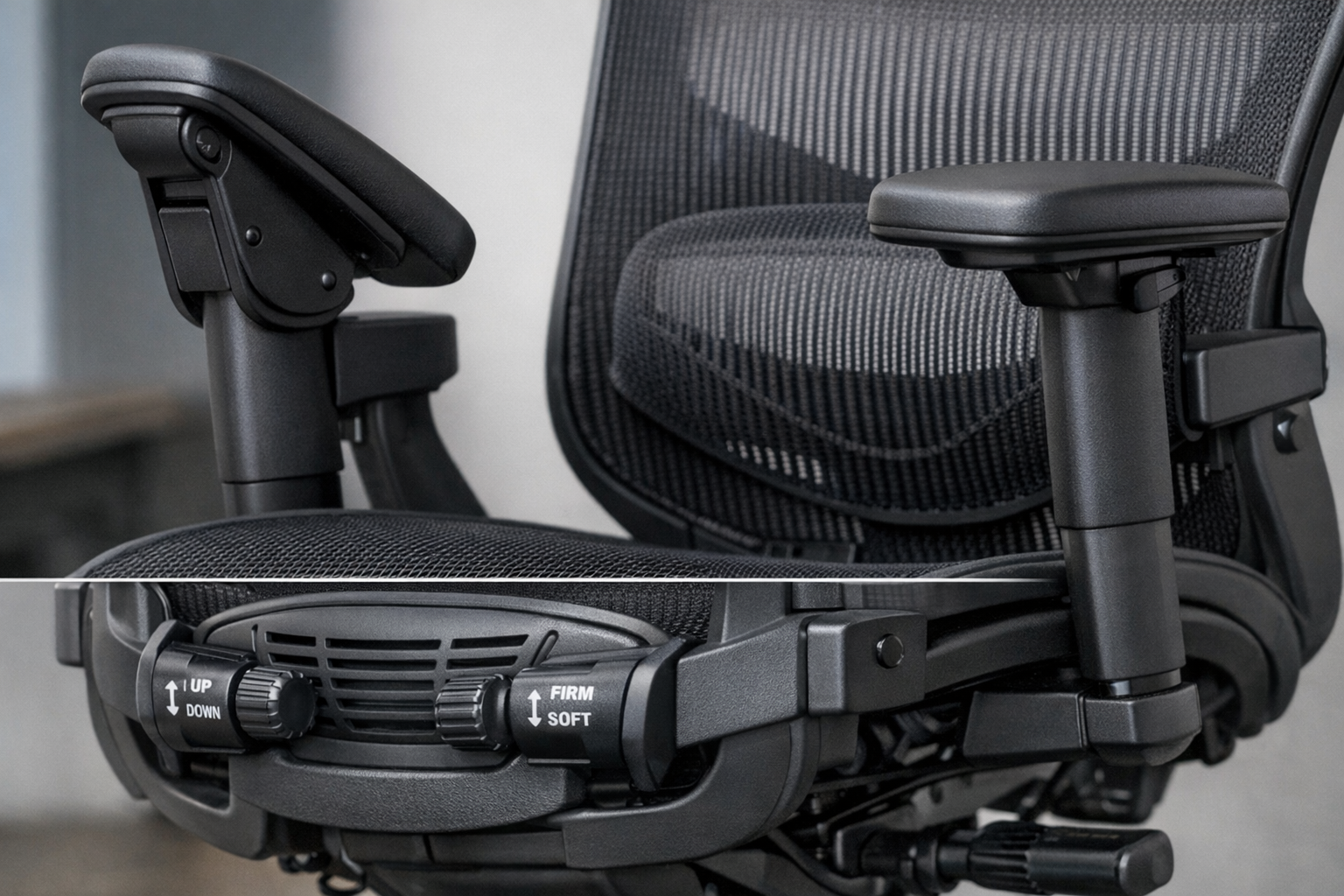 close-up of flip-up armrests and lumbar support mechanism