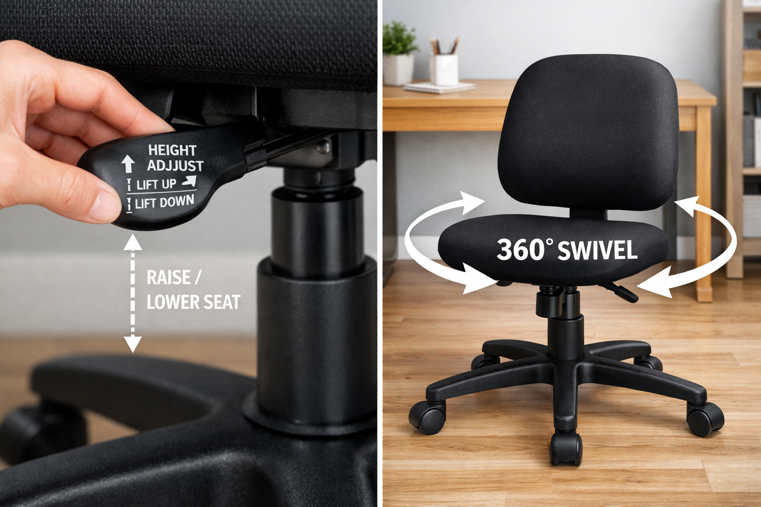 height adjustment lever and 360-degree swivel demonstration