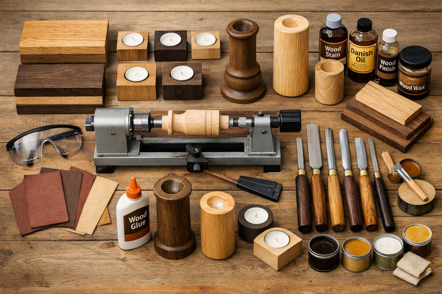 A meticulously arranged flat lay image showcasing the essential tools and materials for crafting wooden candle holders. This includes variou