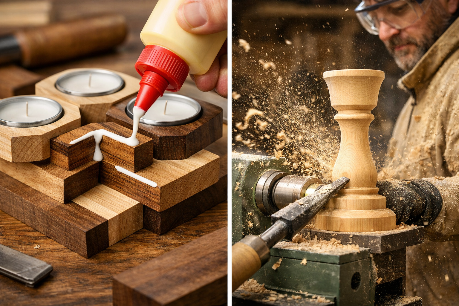 A diptych or split-screen image demonstrating two distinct woodworking techniques for candle holders: on one side, a close-up of layered joi