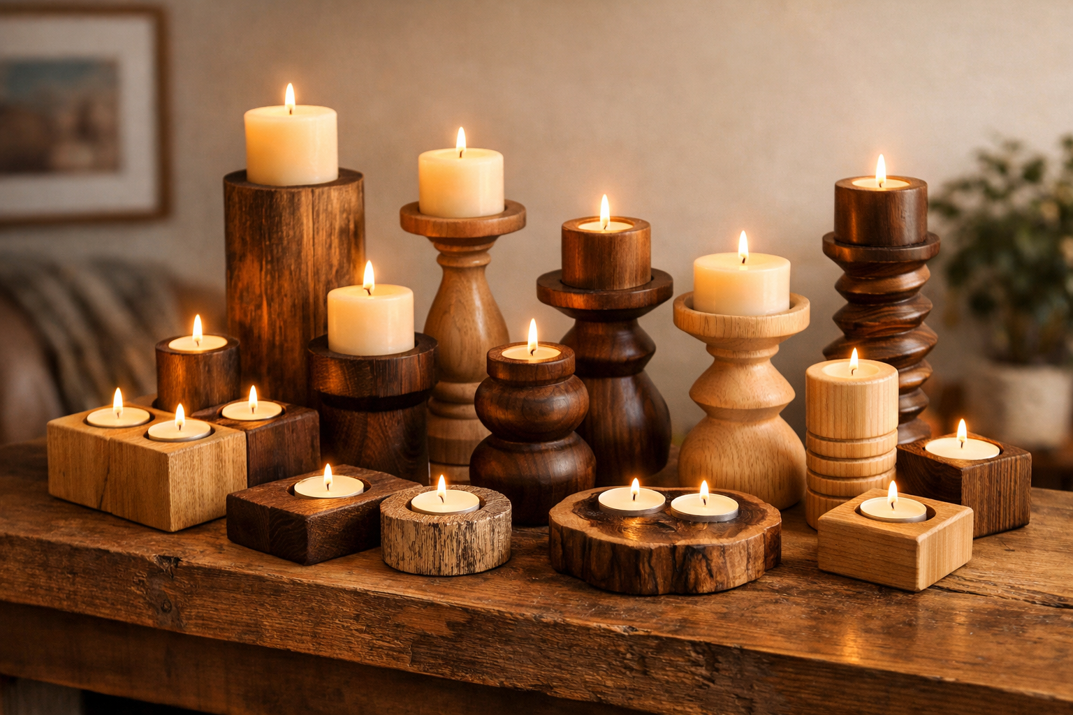 A warm and inviting scene featuring a collection of finished wooden candle holders, ranging from simple tealight clusters to intricate sculp
