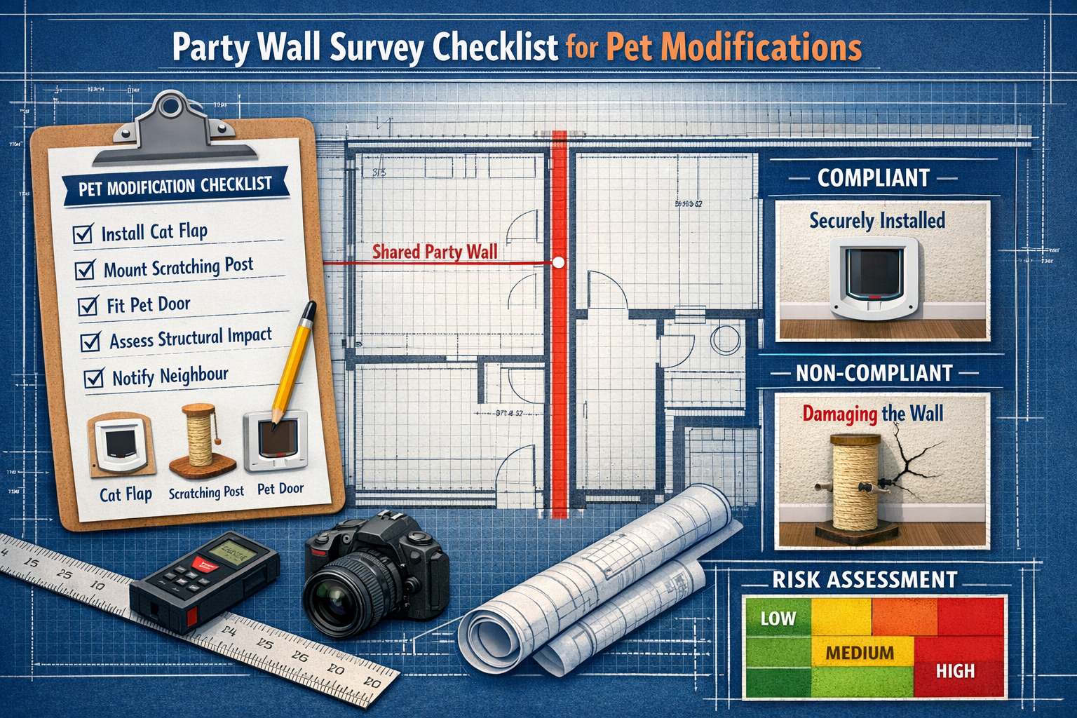 () detailed infographic showing party wall survey checklist for pet modifications, featuring clipboard with checkboxes,
