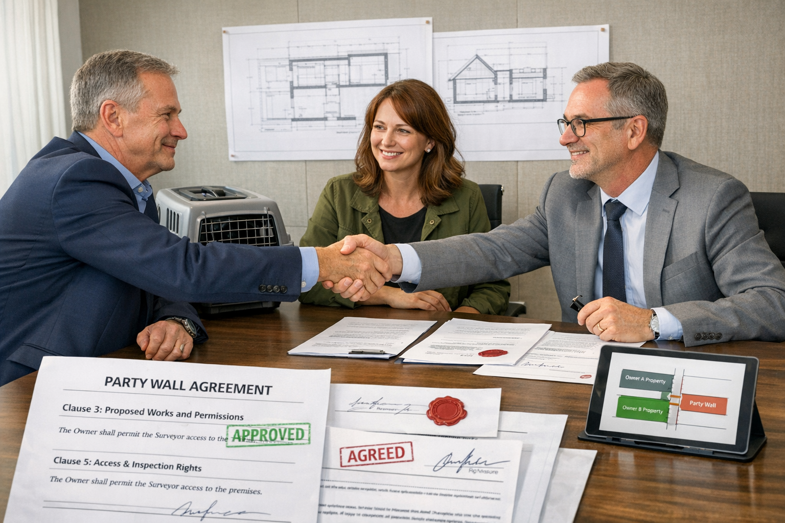 () professional scene showing dispute resolution process, featuring three-way meeting setup with landlord, tenant with pet