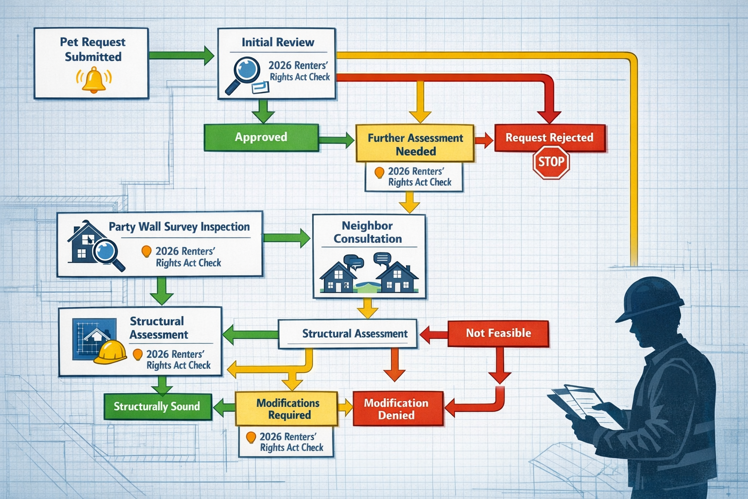 () comprehensive flowchart diagram illustrating step-by-step party wall survey process for tenant pet modifications,