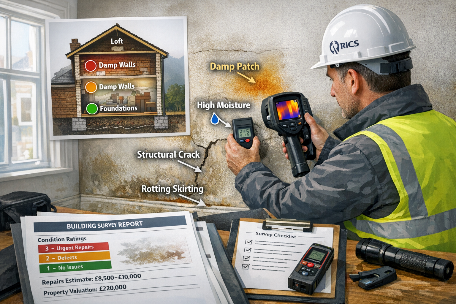 Detailed () editorial image showing professional RICS chartered surveyor conducting comprehensive building survey on