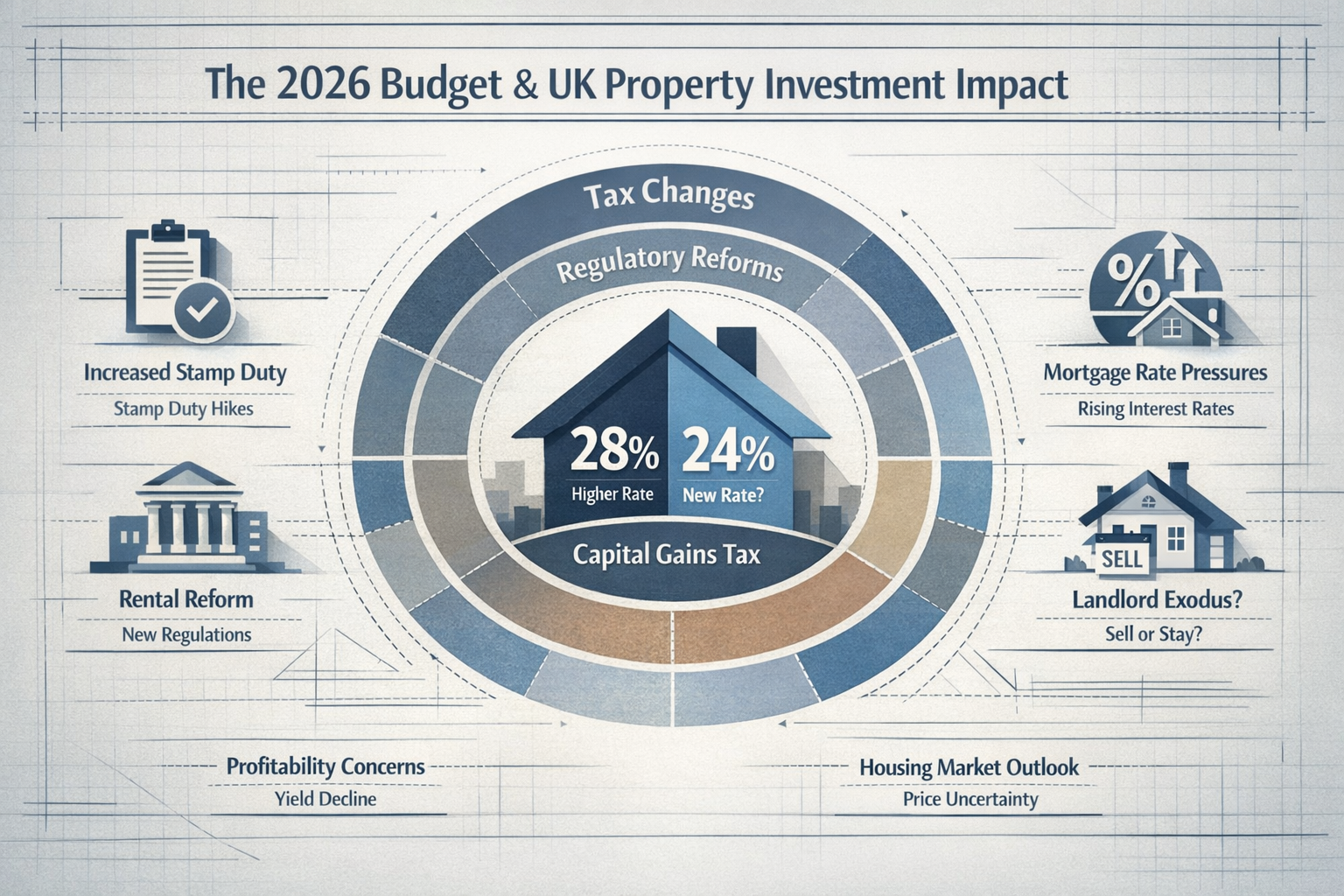 Detailed editorial-style infographic visualizing the 2026 Budget's impact on UK property investment landscape, featuring a