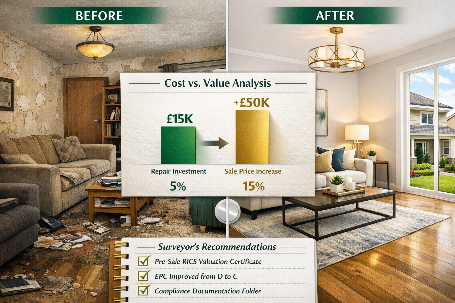 Detailed () split-screen comparison image showing property presentation optimization for maximum sale value. Left side