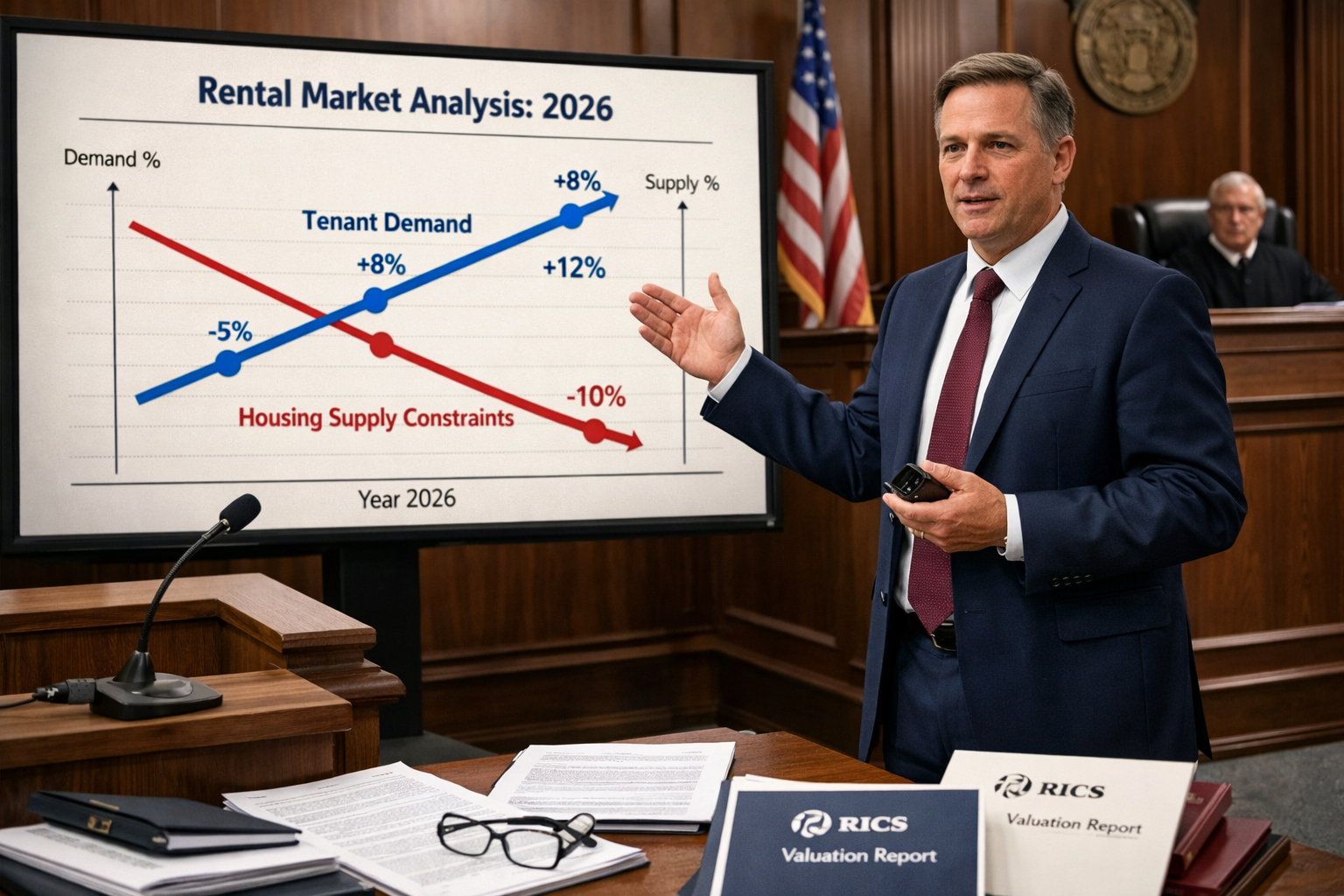 Detailed () image showing professional expert witness in business attire presenting rental market analysis in modern