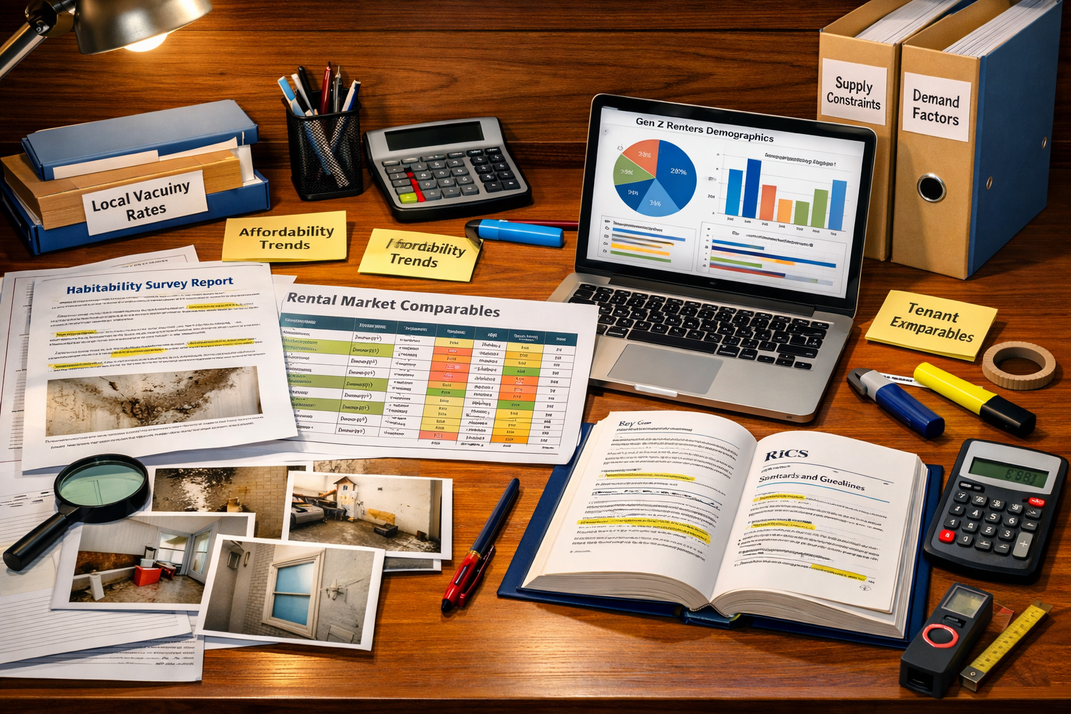 Detailed () image depicting comprehensive evidence preparation workspace for rental valuation disputes, large desk covered