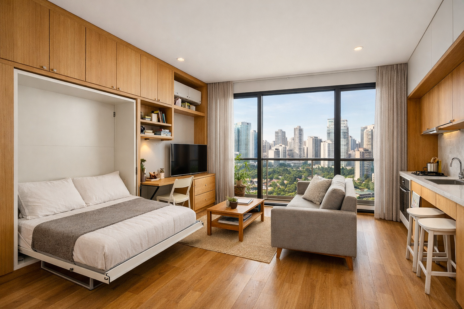Wide-angle interior shot of a beautifully designed 45sqm Brazilian micro-unit apartment in São Paulo, featuring fold-out
