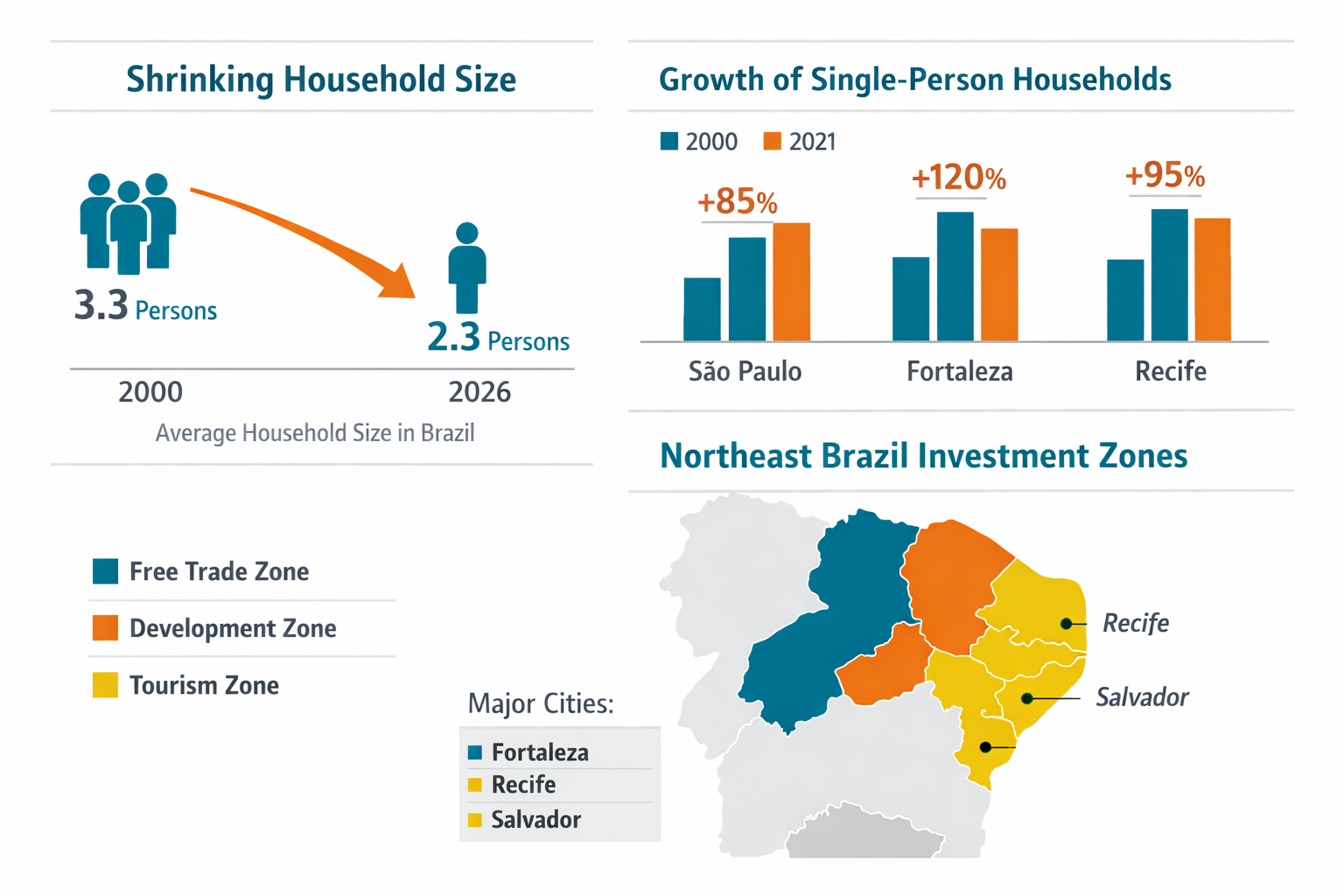 Data visualization infographic style image showing Brazilian demographic trend charts: shrinking average household size from