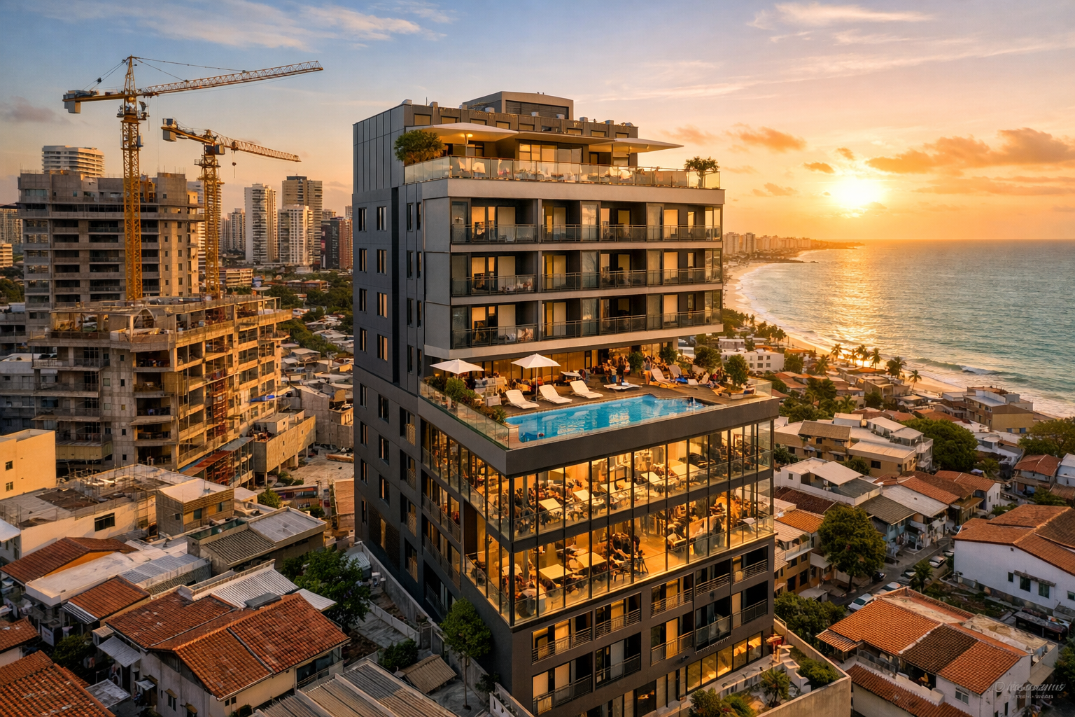 Aerial drone perspective of a modern compact residential development under construction in Fortaleza or Recife Northeast