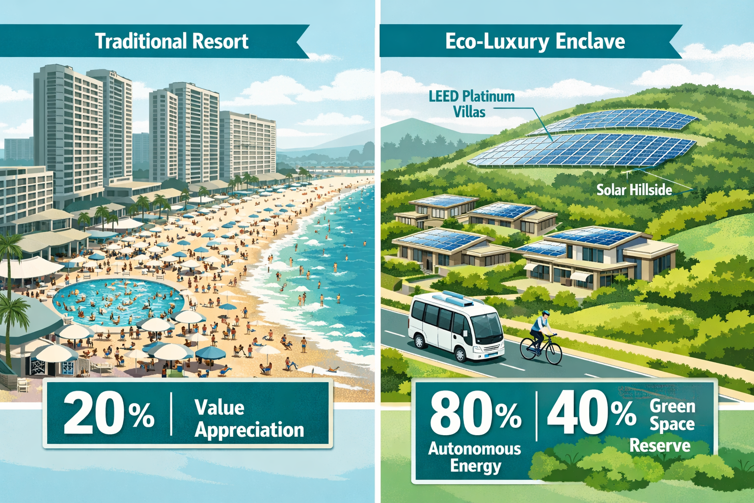 () editorial illustration showing a split-scene comparison: left side features a traditional beachfront resort with