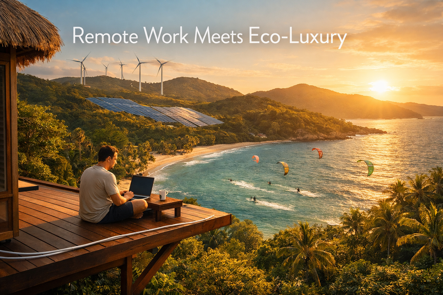 () aerial drone-perspective photograph of a remote worker sitting on a cantilevered wooden deck of an eco-luxury villa