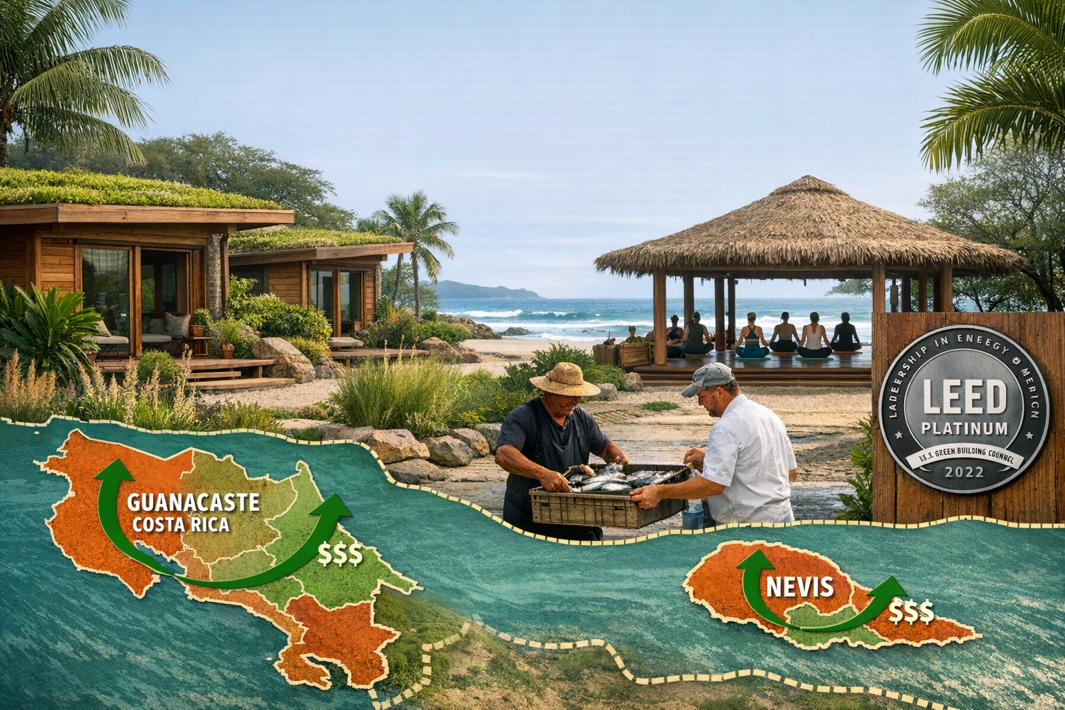 () wide-angle ground-level photograph of a coastal wellness and surf destination investment zone, showing boutique eco-lodge