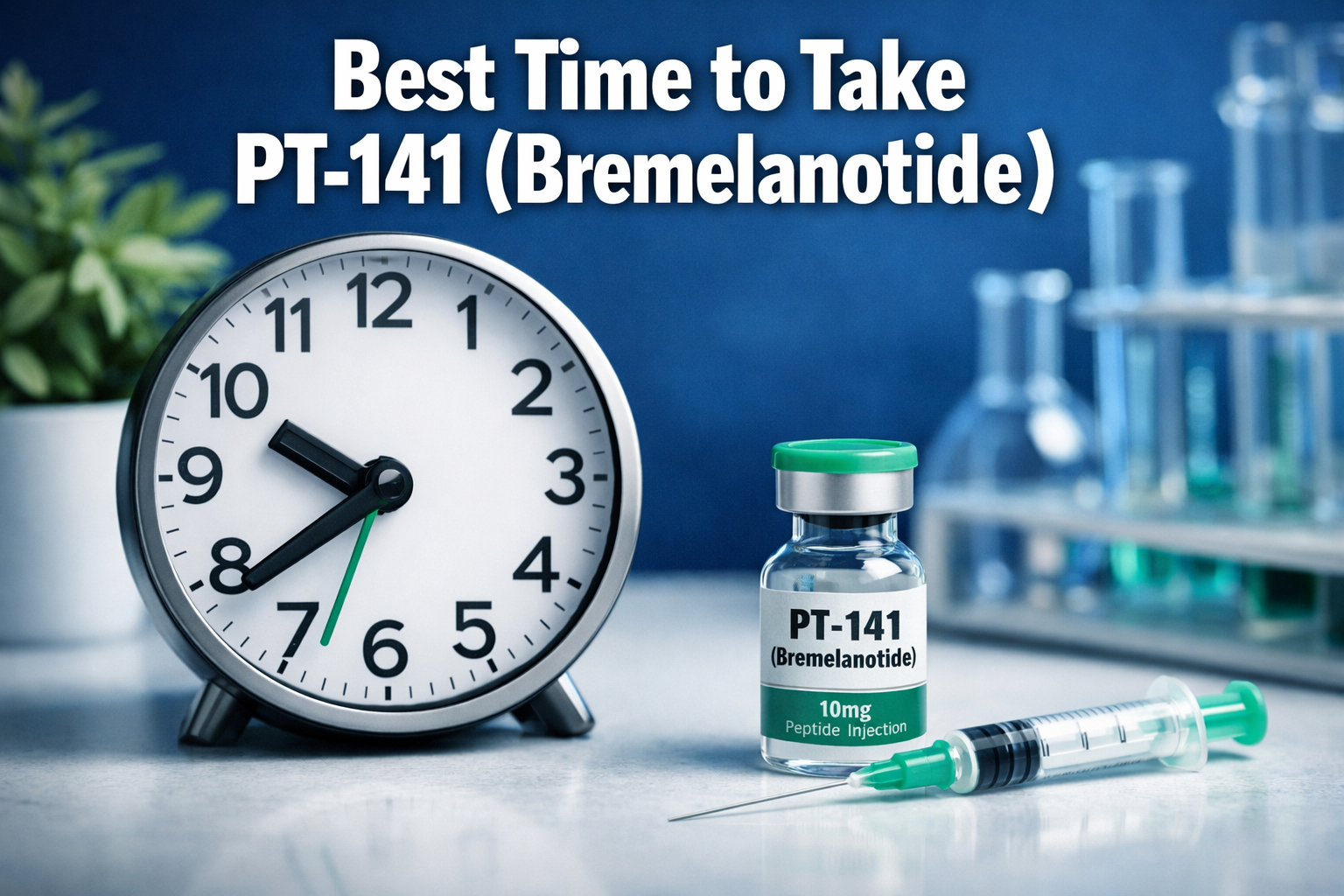 Professional landscape format (1536x1024) hero image featuring bold text overlay 'Best Time to Take PT-141 (Bremelanotide)' in extra large 7