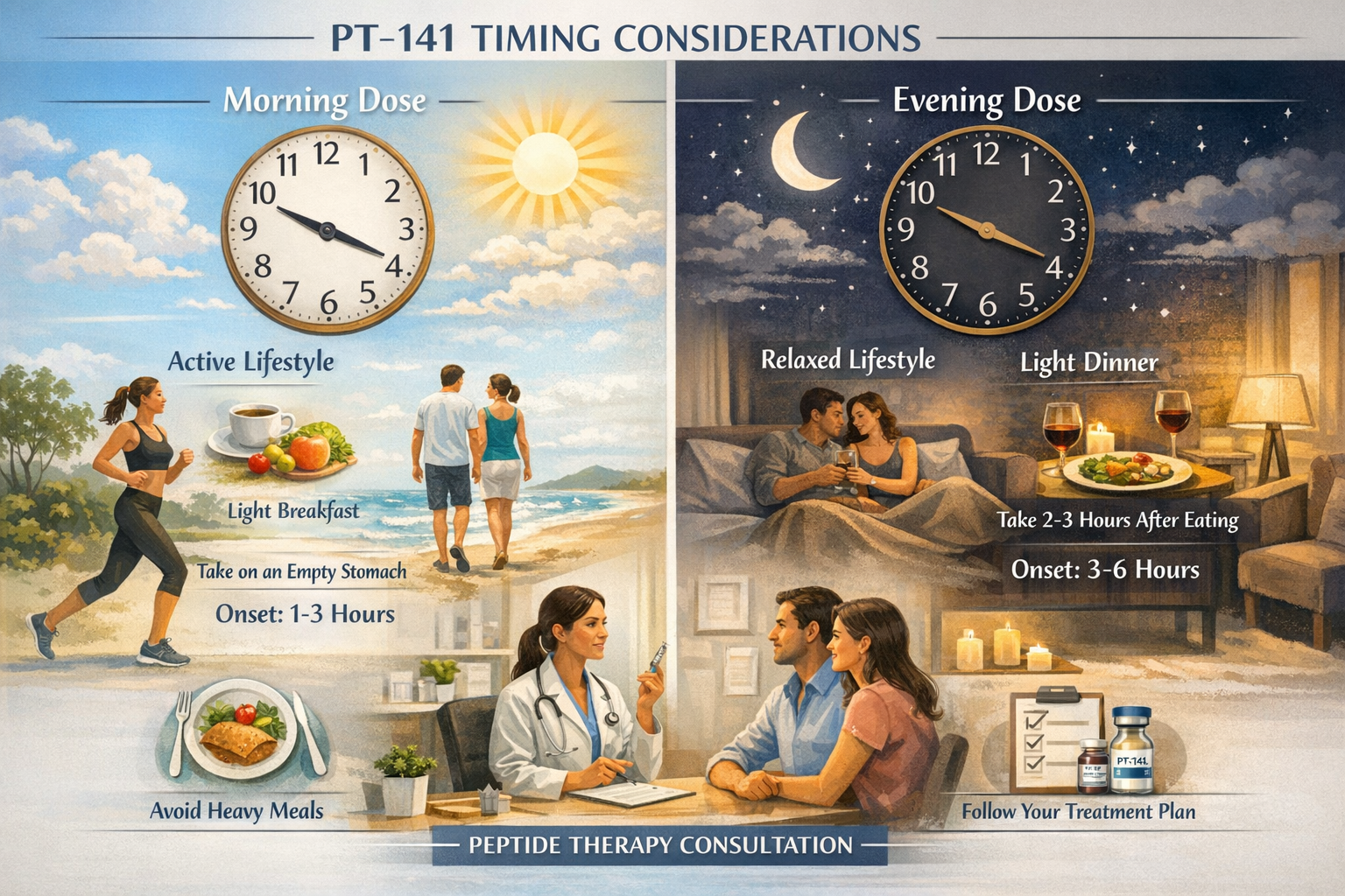 Detailed landscape format (1536x1024) image showing PT-141 timing considerations with split-screen showing day vs evening administration, li