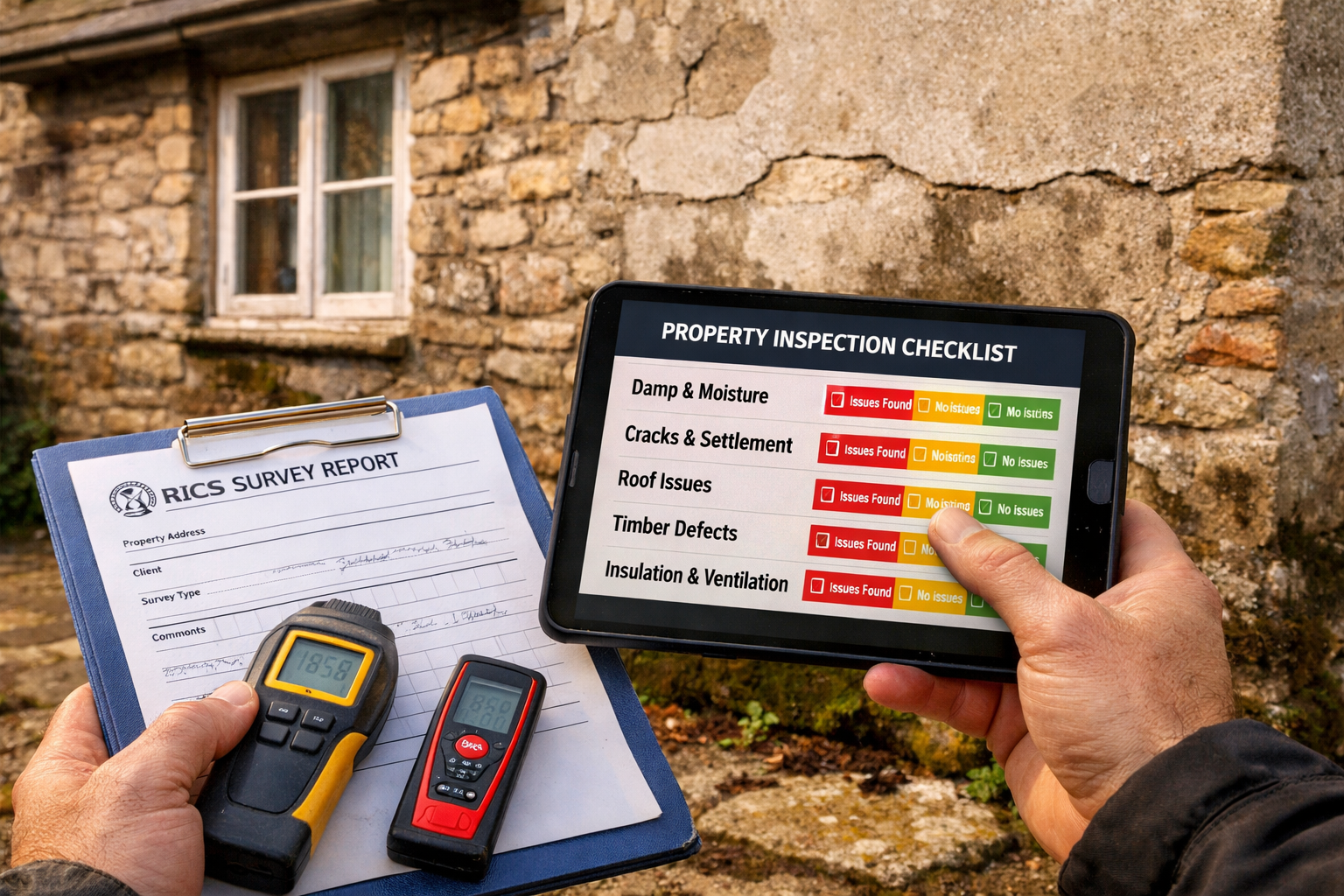 Detailed () image showing professional building surveyor conducting detailed property inspection in South West England,